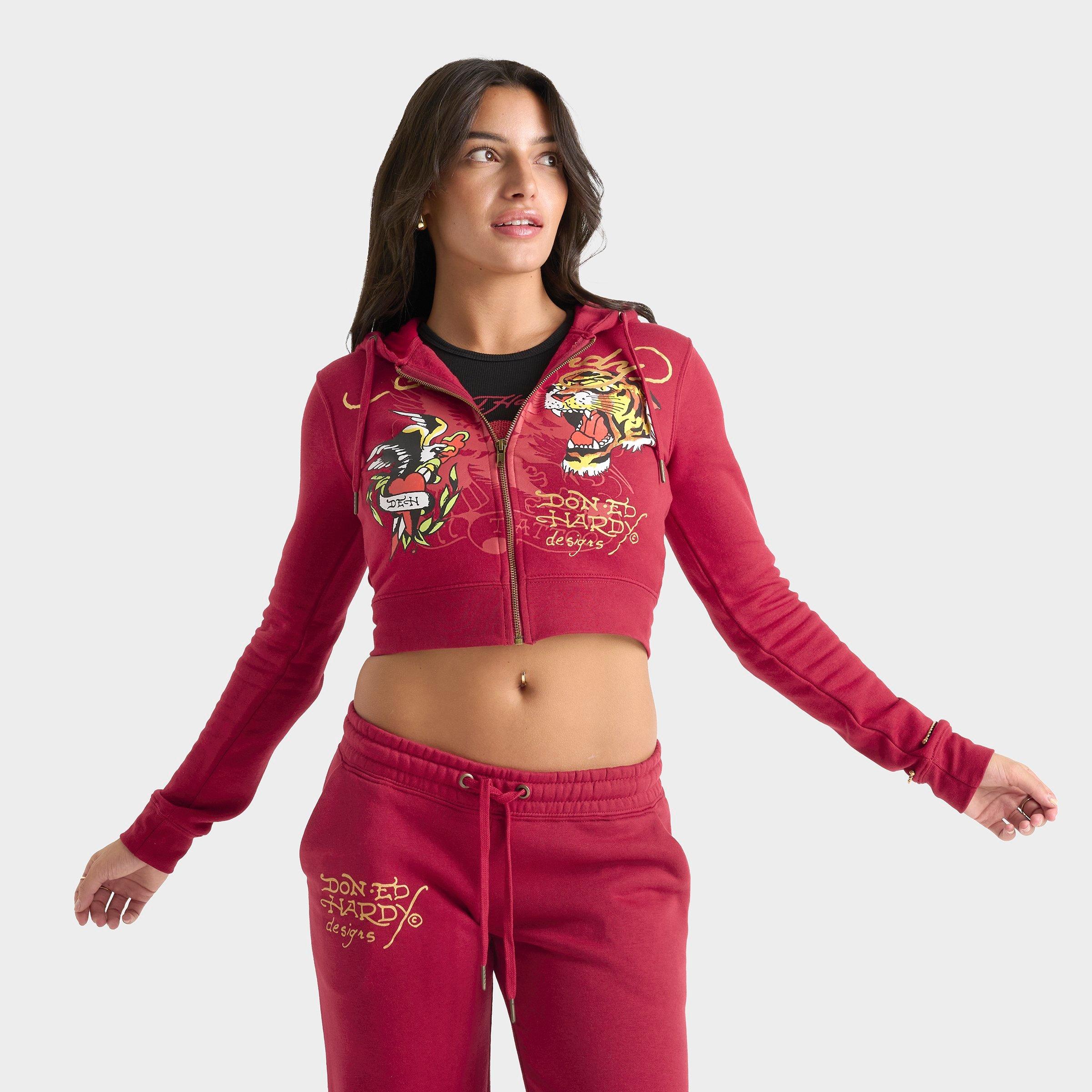 Ed Hardy Women's Eagle Tiger Fleece Full-Zip Hoodie in Deep Red Size: Small