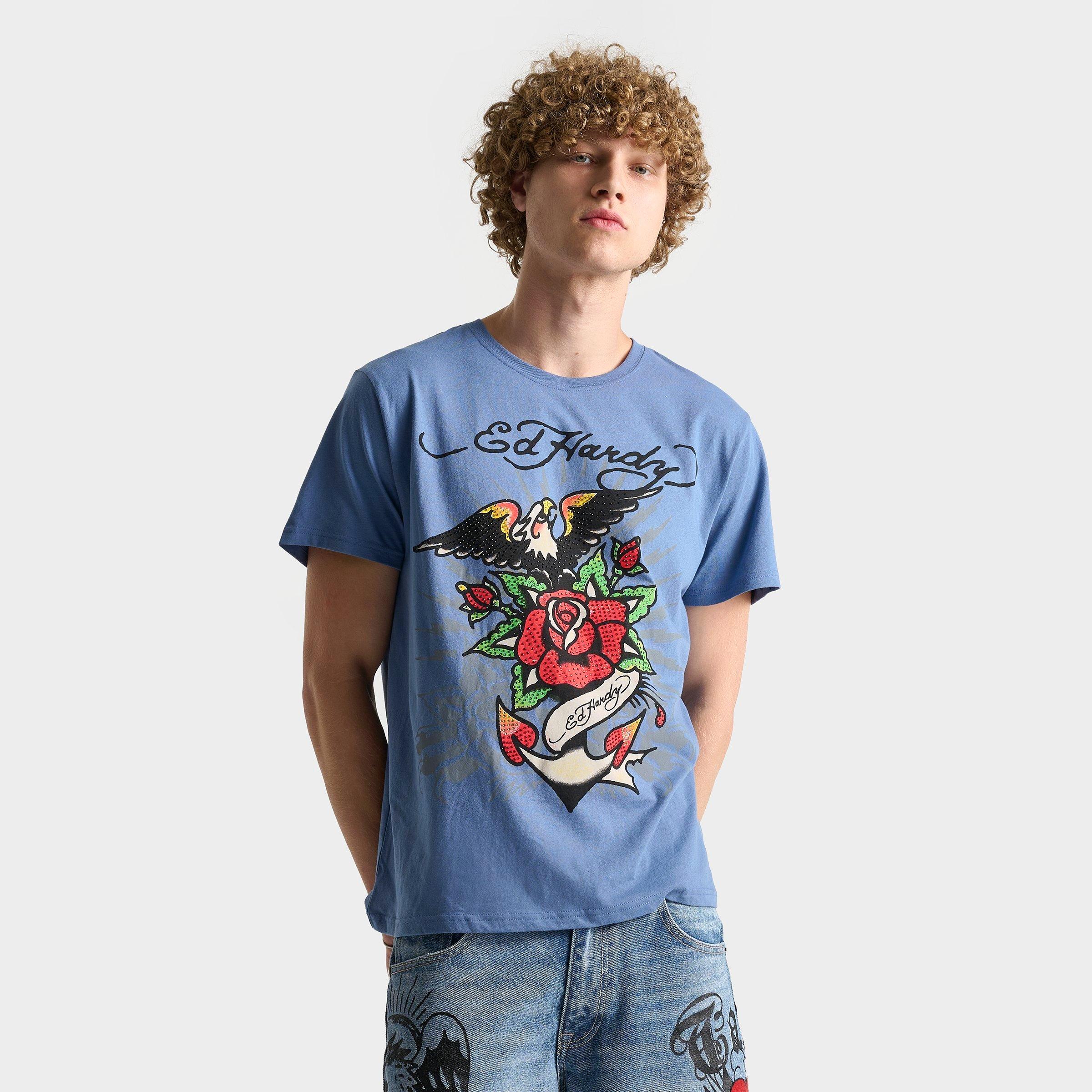 Ed Hardy Men's Rhinestone Eagle Anchor T-Shirt in Blue/Blue Size Medium 100% Cotton