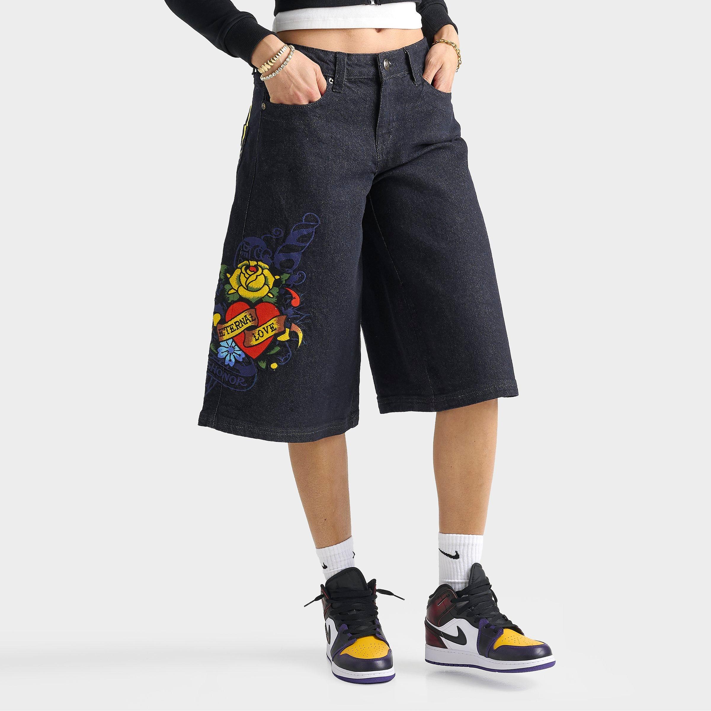 Ed Hardy Women’s Eternal Love Long Denim Jorts in Raw Wash Size: 24