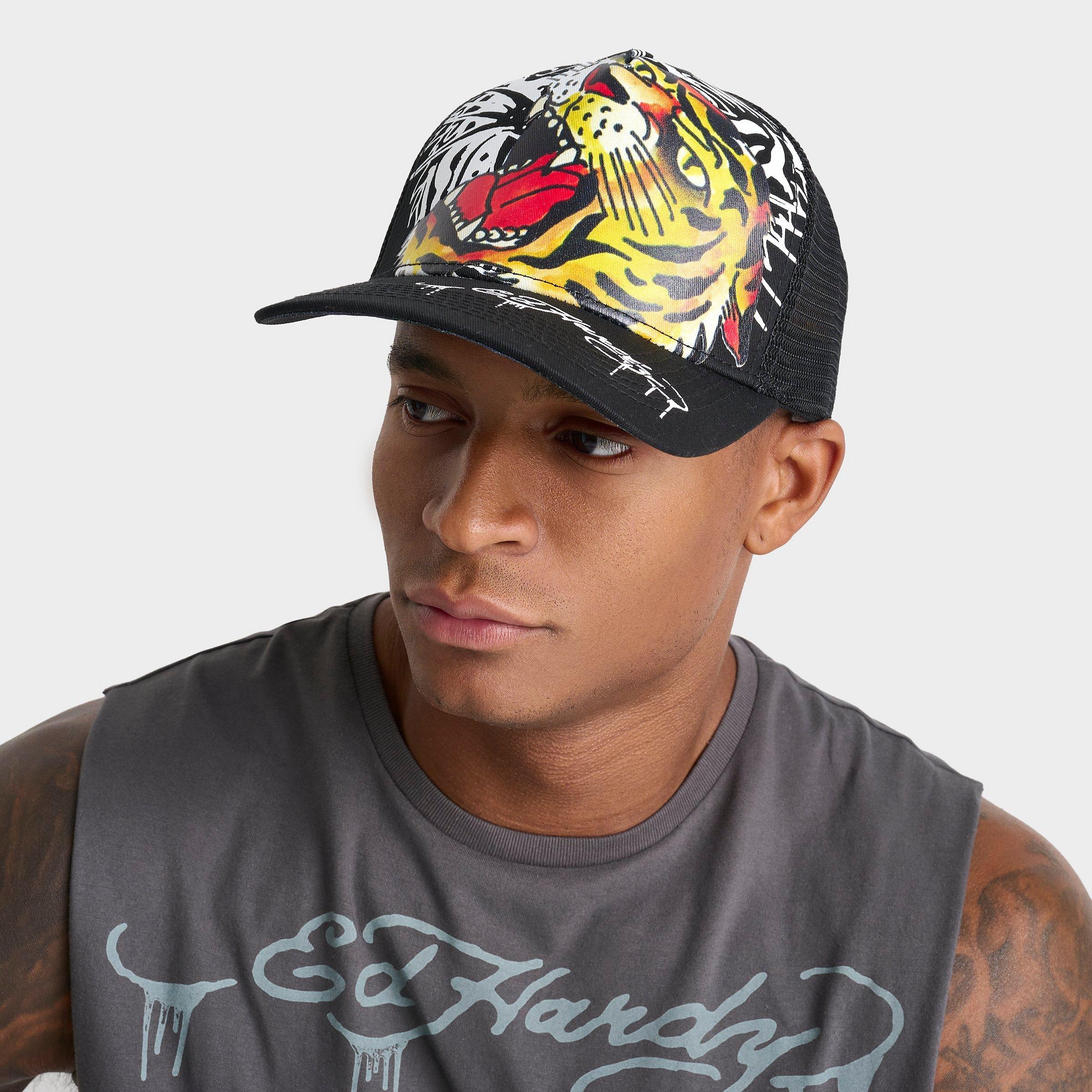 Ed Hardy Tiger Head Trucker Hat in Black/Multi