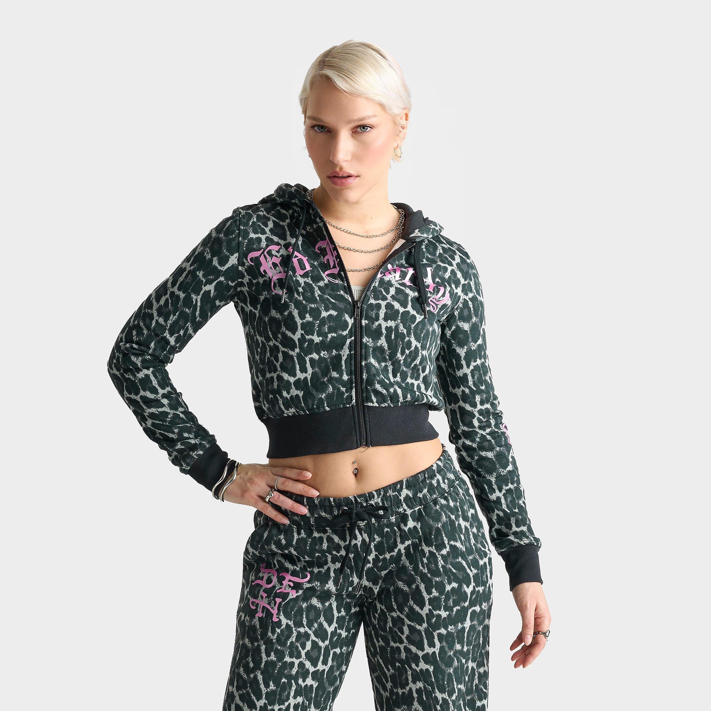 Ed Hardy Women's "Love Kills Slowly" Skull Cropped Full-Zip Fleece Hoodie in Black Leopard Size: XS