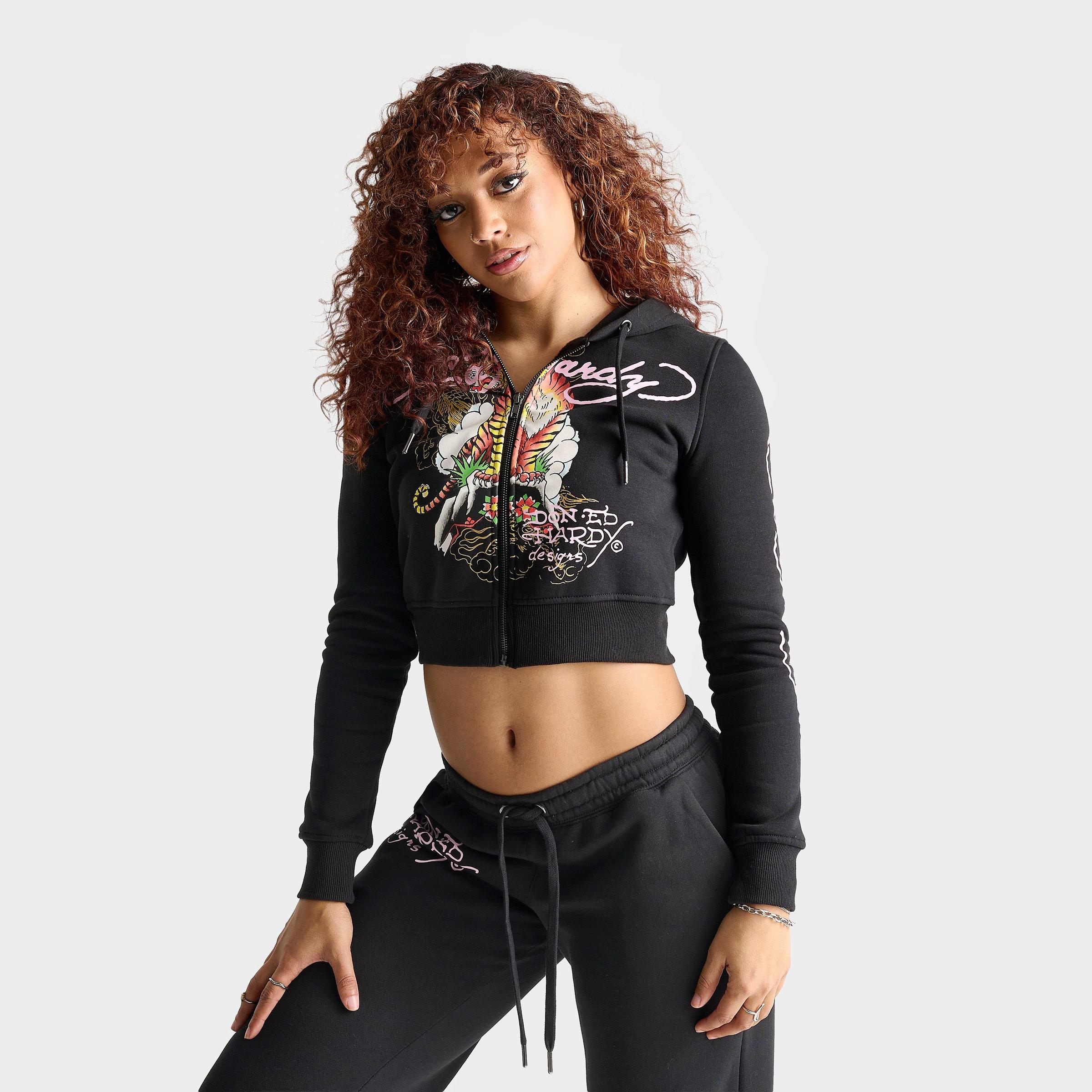 Ed Hardy Women's Mountain Tiger Fleece Full-Zip Hoodie in Black Size: XS