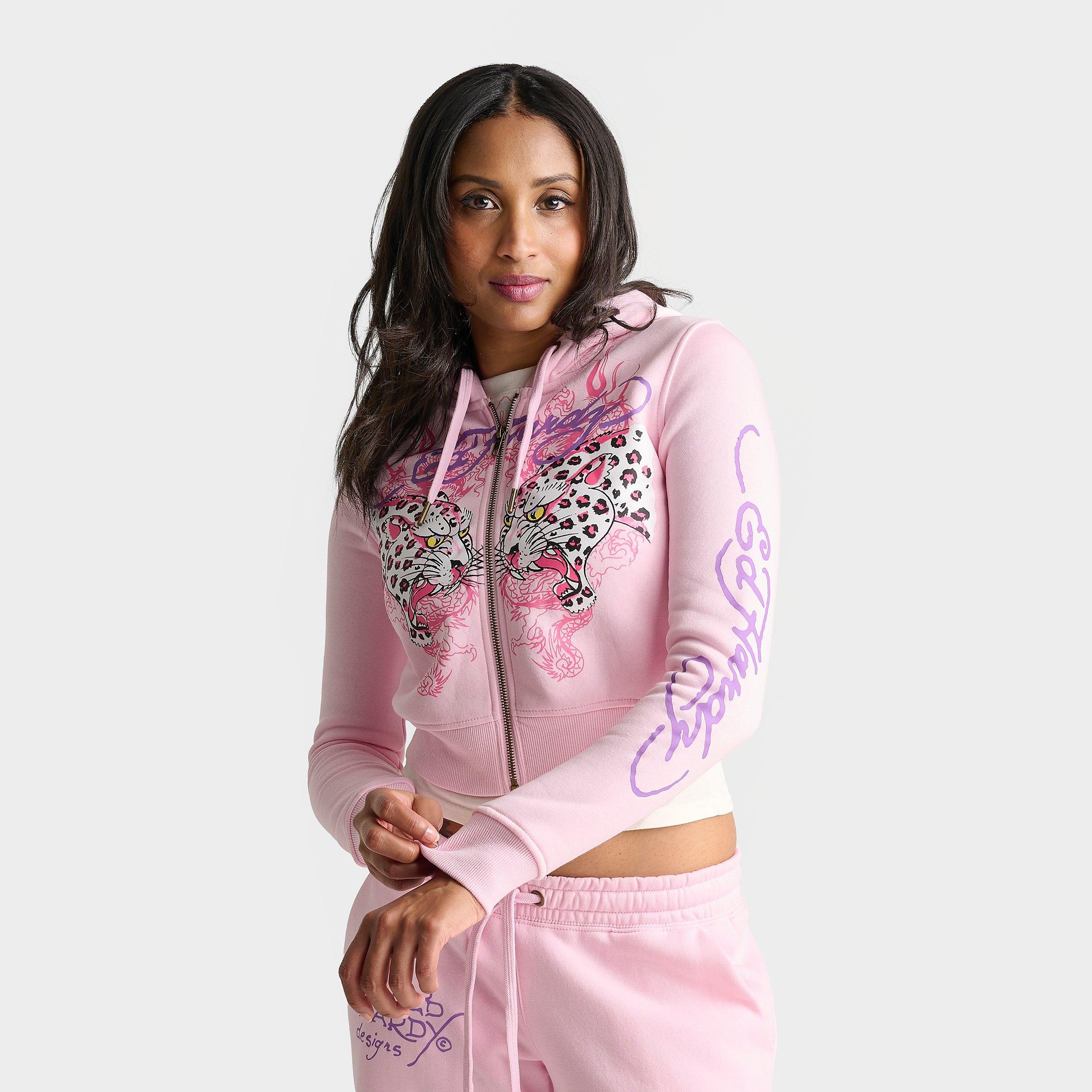 Ed Hardy Women's Leopard Full-Zip Fleece Hoodie in Pink Ballerina Size: XS