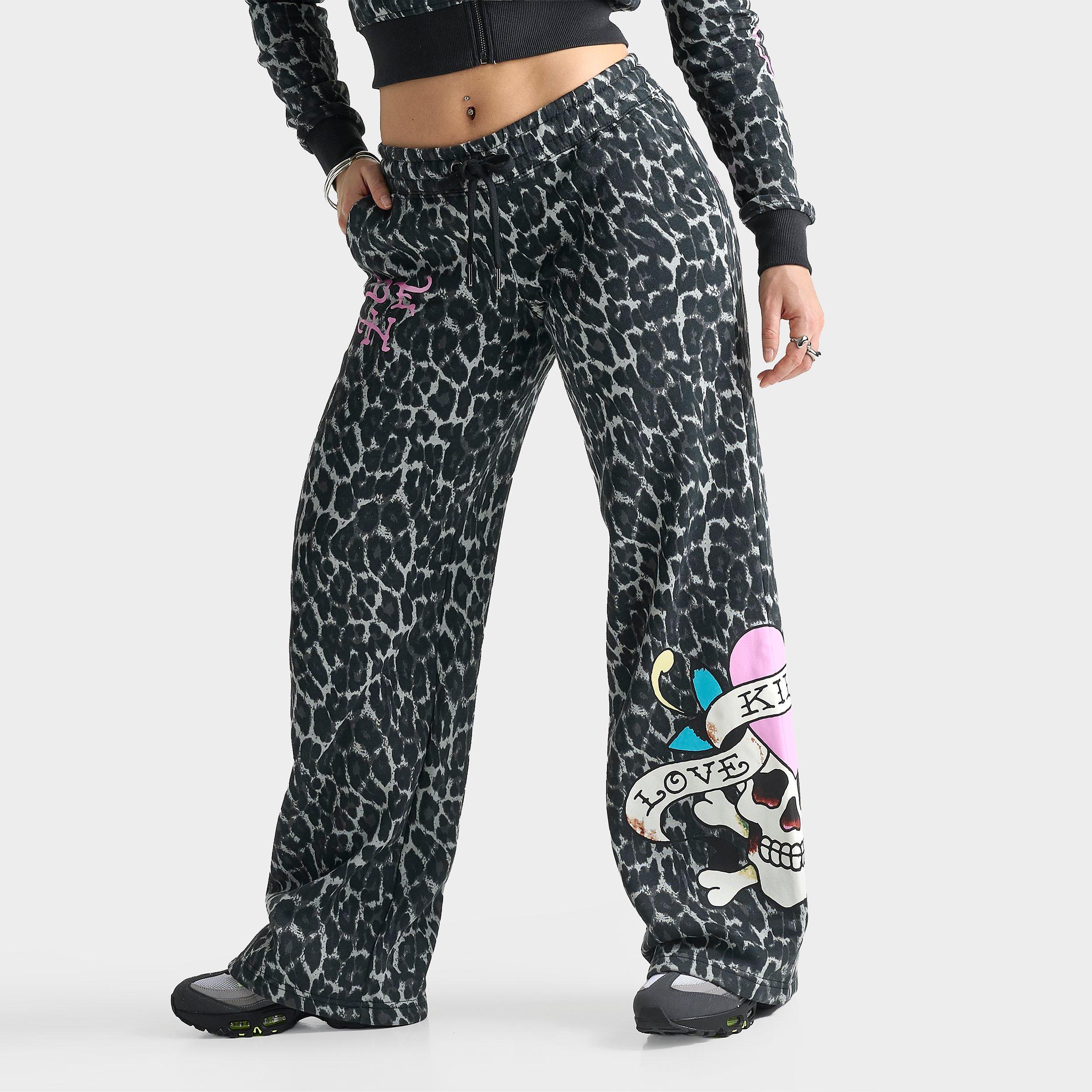 Ed Hardy Women's "Love Kills Slowly" Bootcut Fleece Jogger Pants in Black Leopard Size: XS