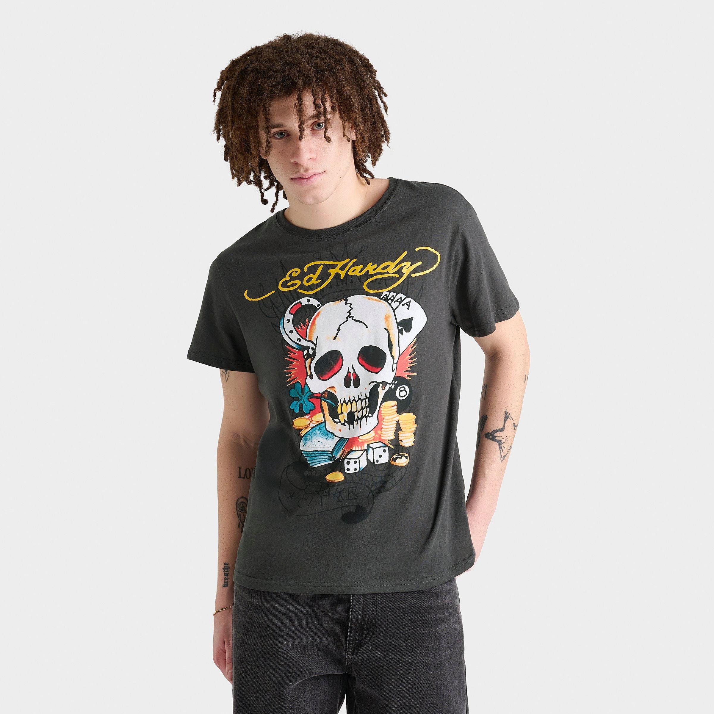 Ed Hardy Men's Ace Skull T-Shirt in Grey/Charcoal Size Medium 100% Cotton