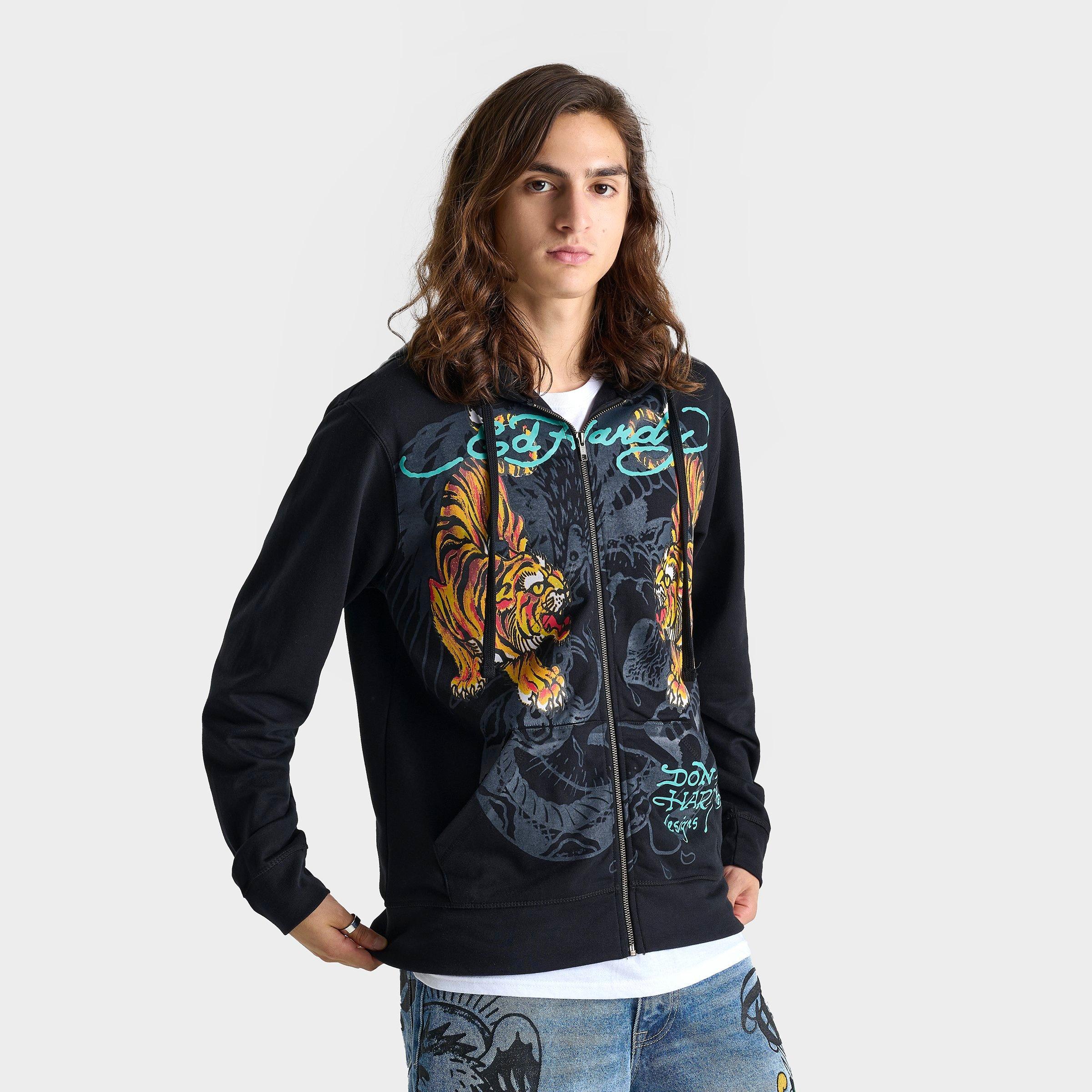 Ed Hardy Men's Crawling Tigers Full-Zip Hoodie in Black/Black Size Medium Cotton/Polyester