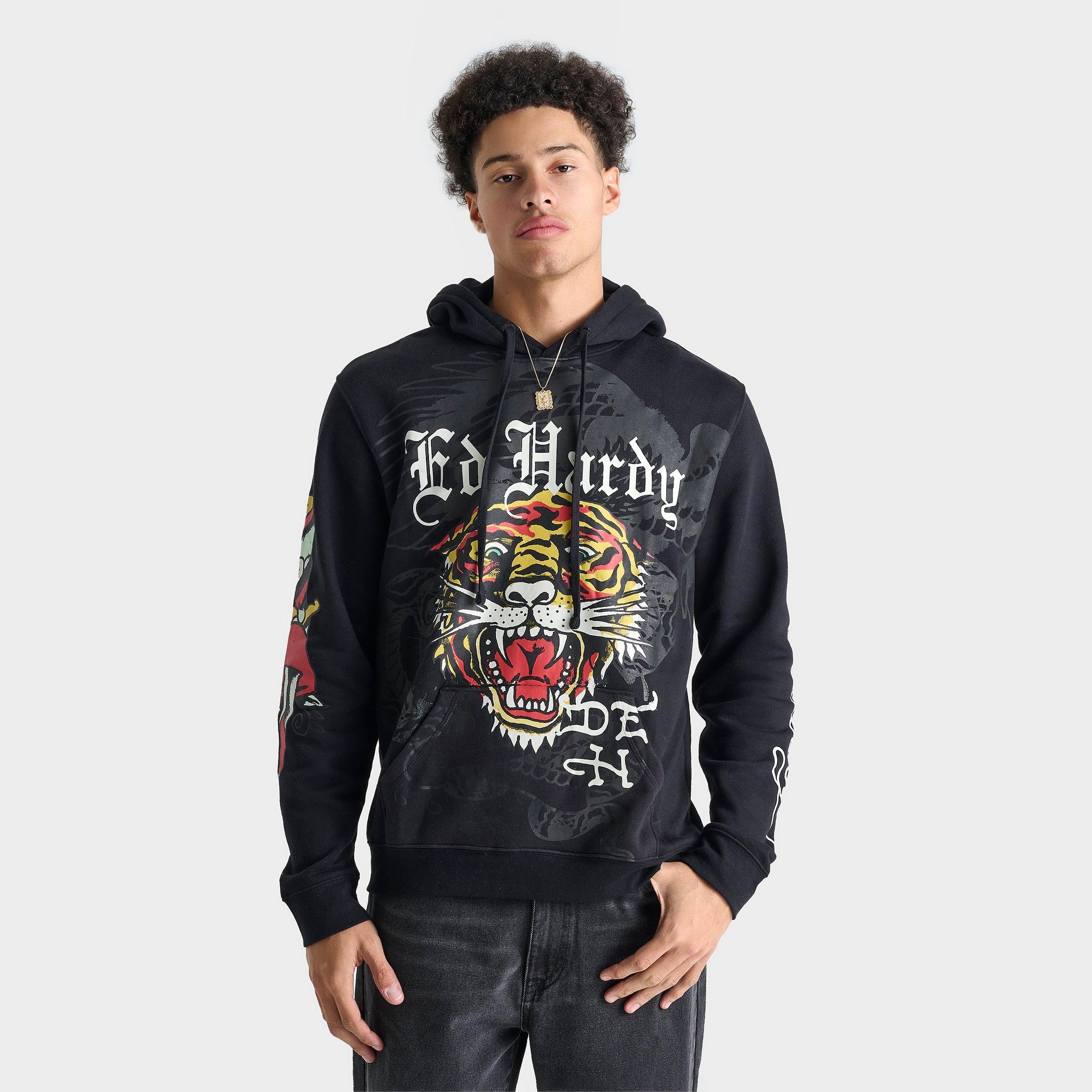 Ed Hardy Men's Tiger Dagger Hoodie in Black/Black Size Large Cotton/Fleece