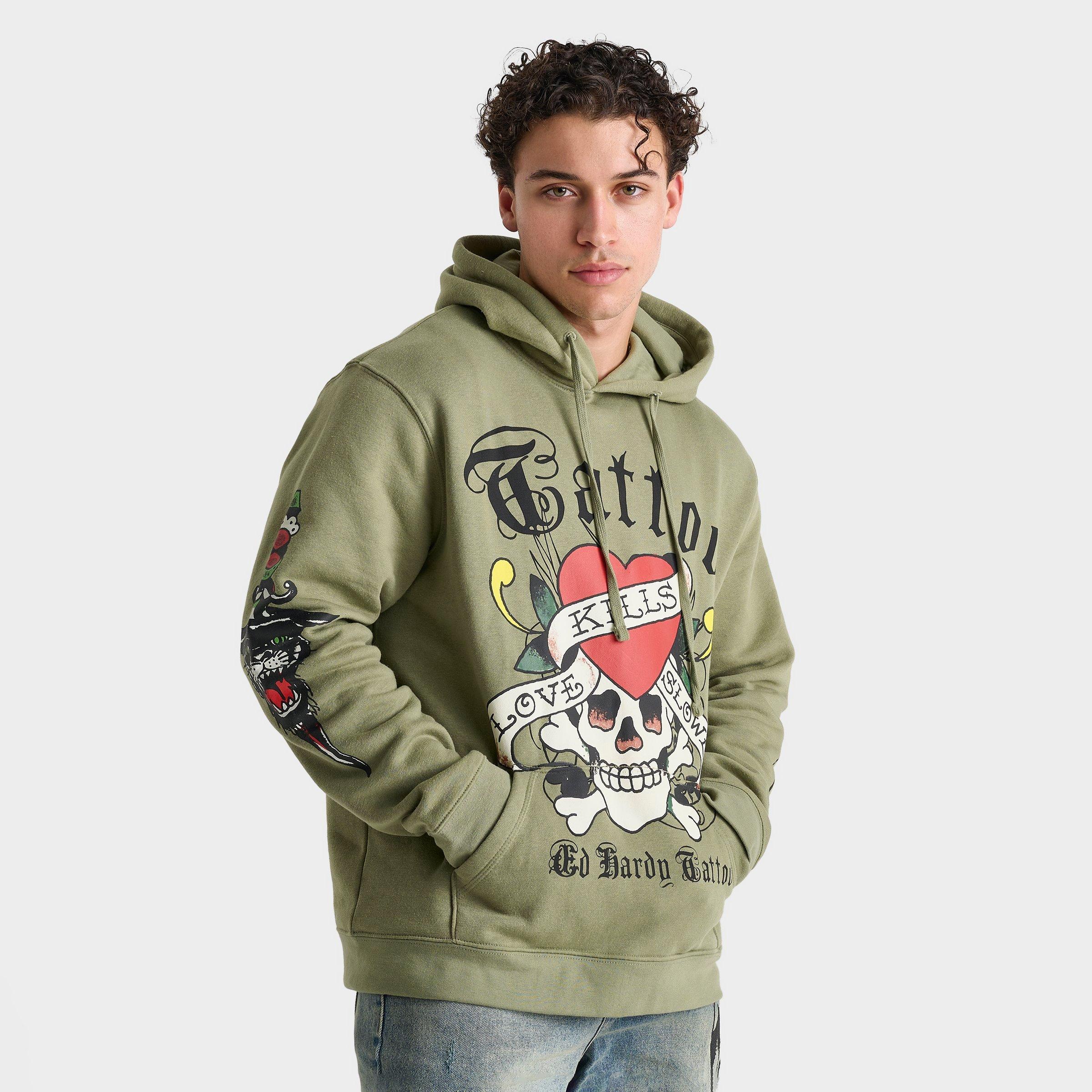 Ed Hardy Men's Love Kills Slowly Pullover Hoodie in Green/Light Olive Size Large Cotton/Polyester