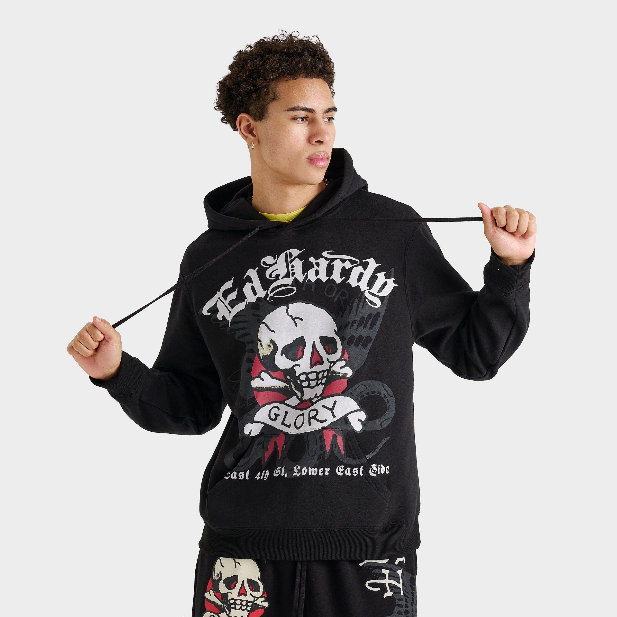 Ed Hardy Dg Skull Fleece Pullover Hoodie In Black In Black