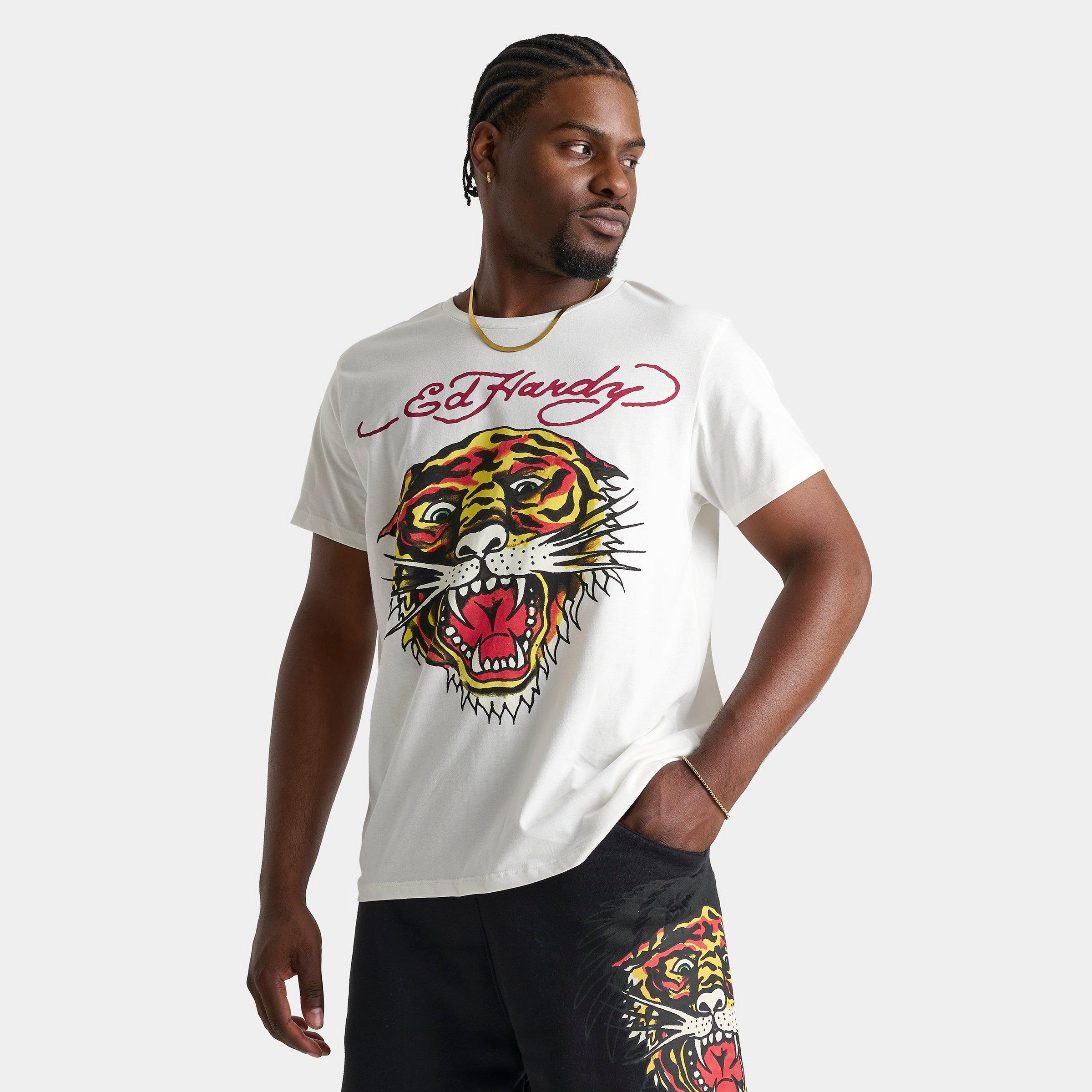 Ed Hardy Men's Retro Tiger T-Shirt in White/White Size Small Cotton