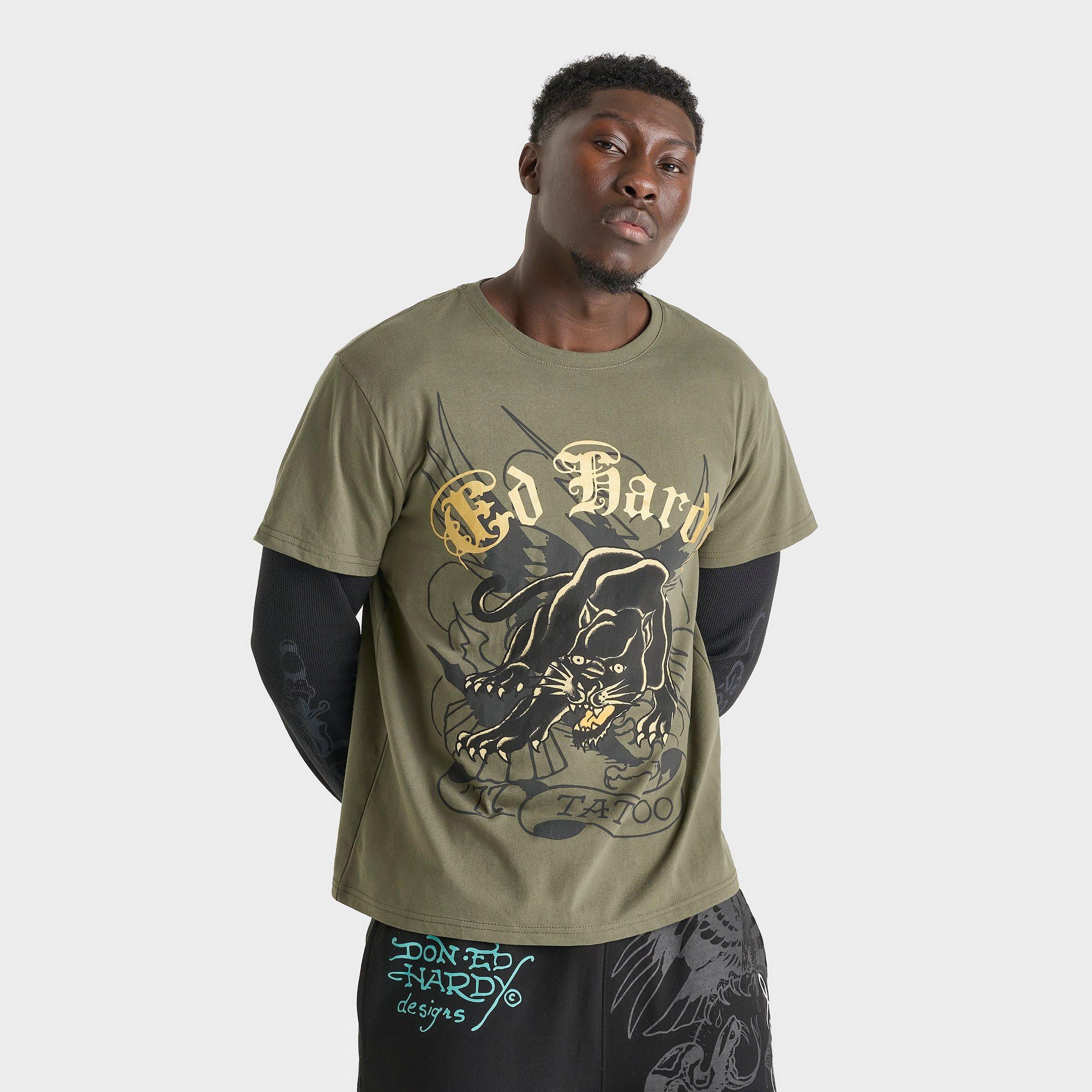 ED HARDY ED HARDY MEN'S CROUCHING PANTHER HANG DOWN THERMAL LONG-SLEEVE T-SHIRT 