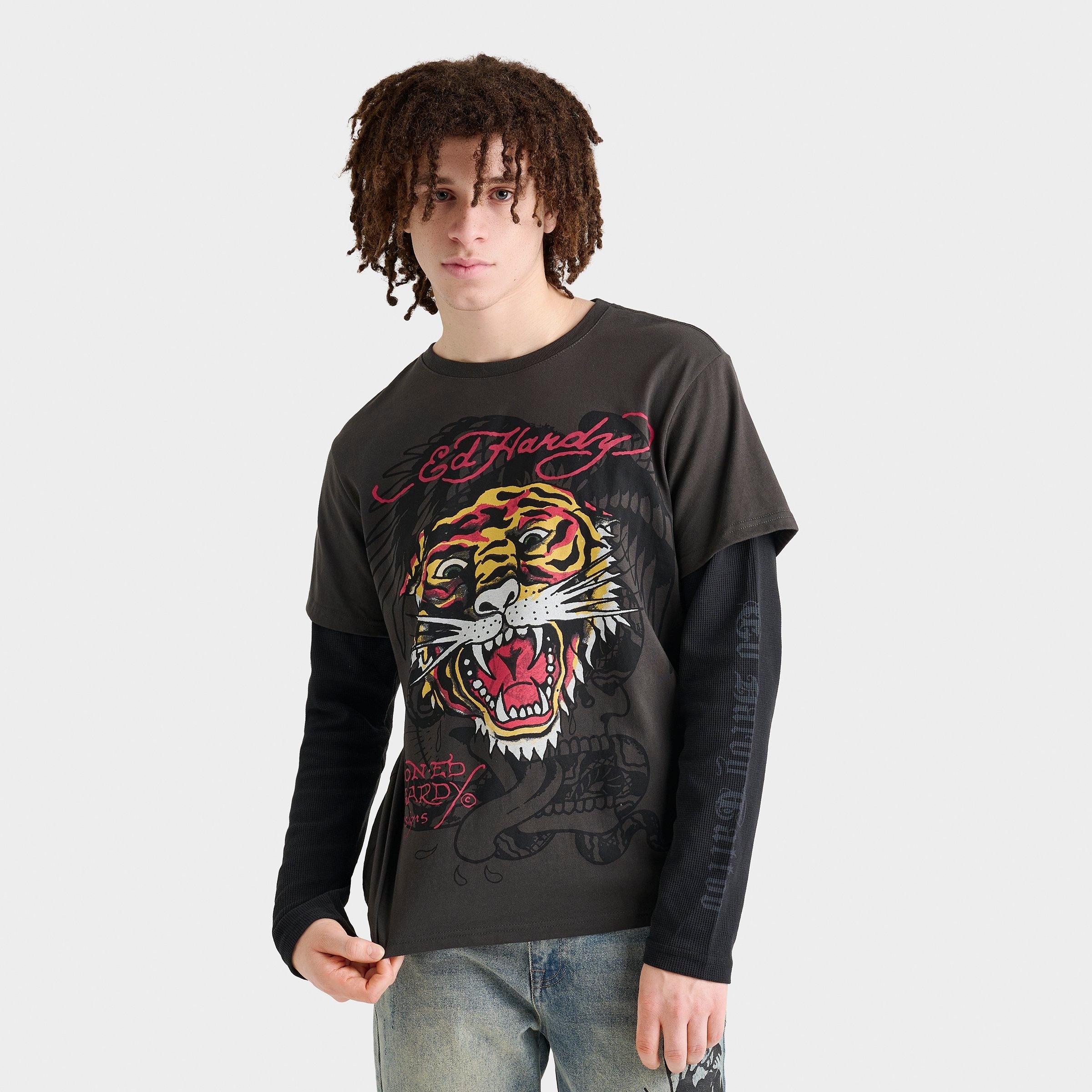 Ed Hardy Men's Tiger Head Hang Down Long-Sleeve T-Shirt in Grey/Charcoal Size XL Cotton