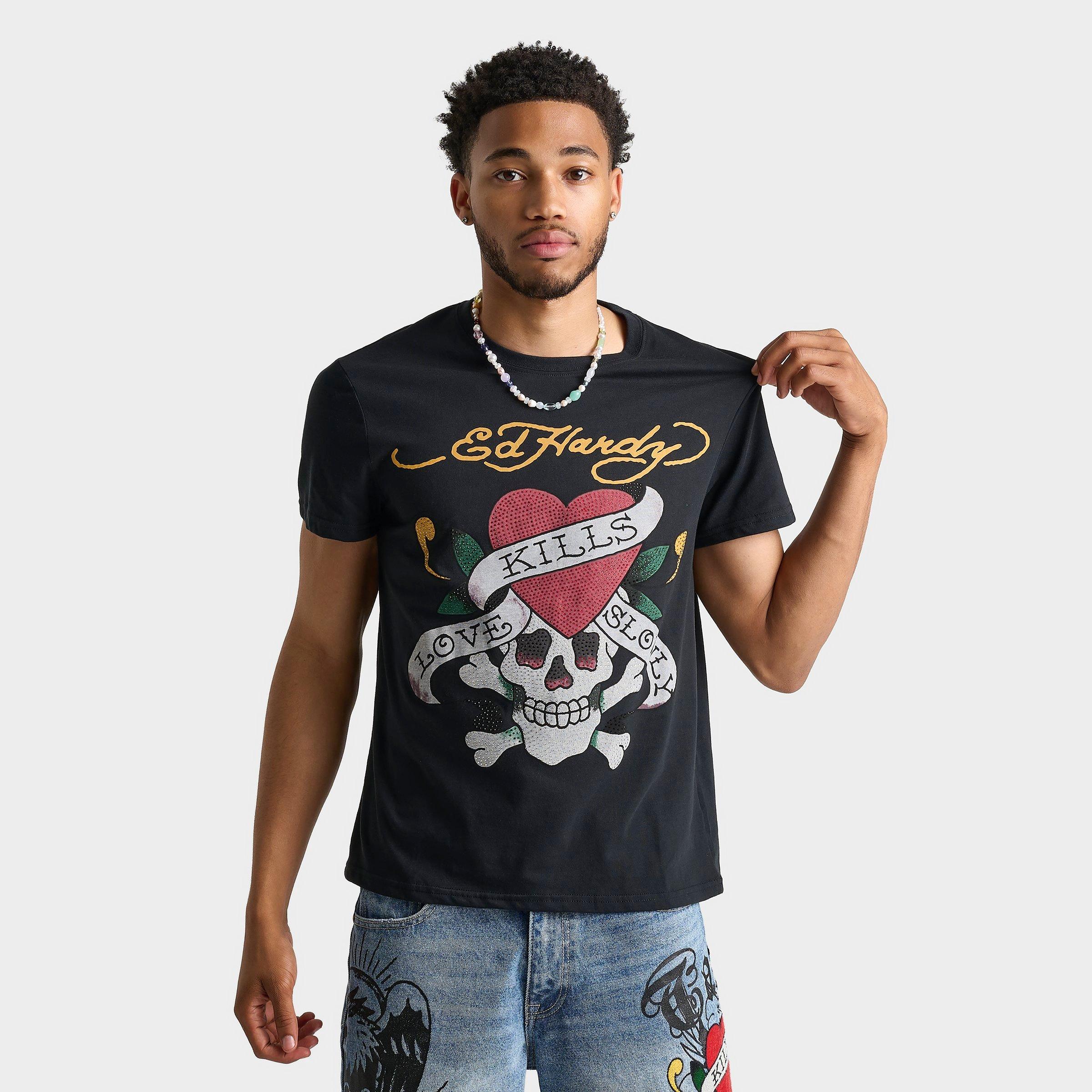 Ed Hardy Men's Love Kills Slowly Rhinestone Skull T-Shirt in Black/Black Size Small Cotton