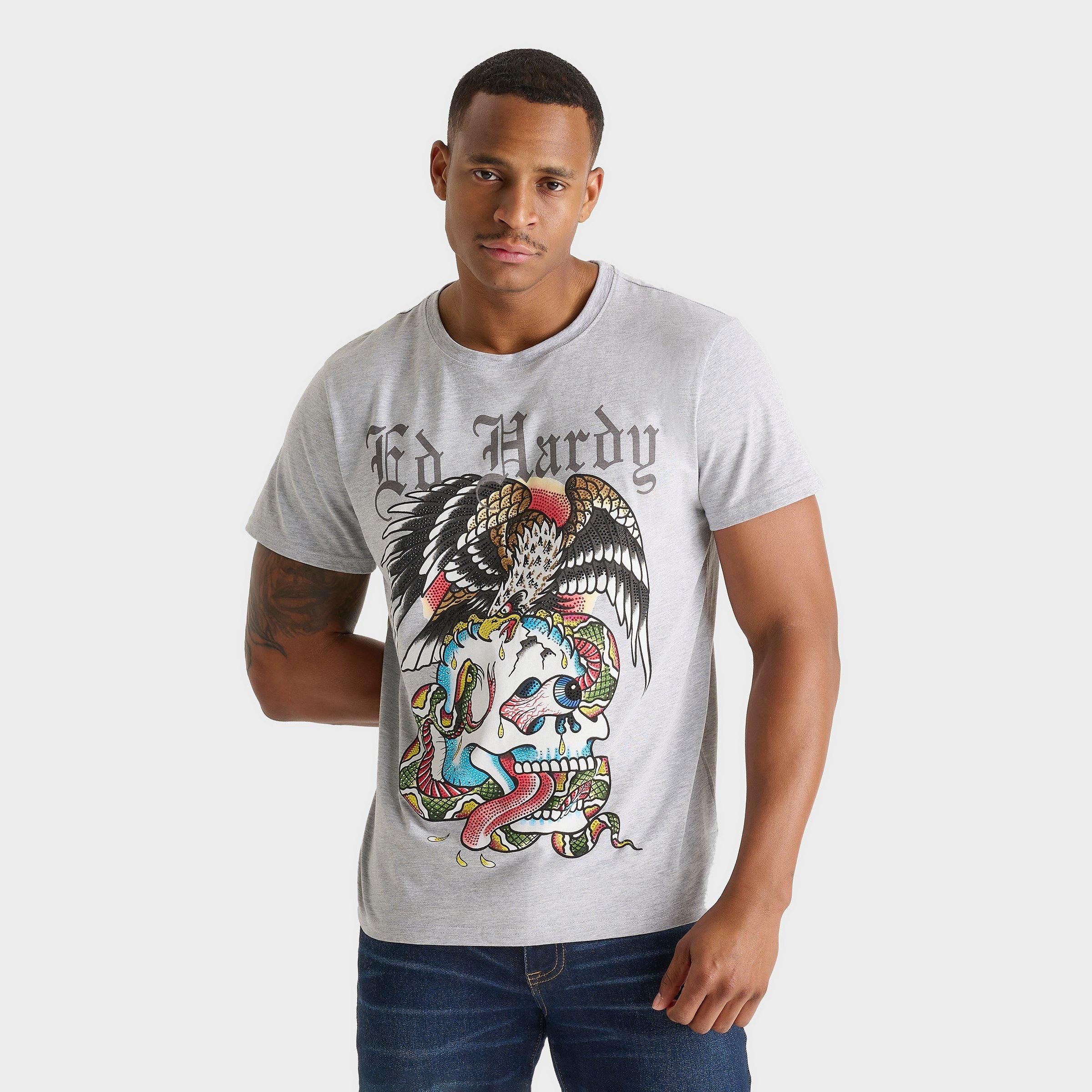 Ed Hardy Rhinestone Battle Tee In Heather Grey