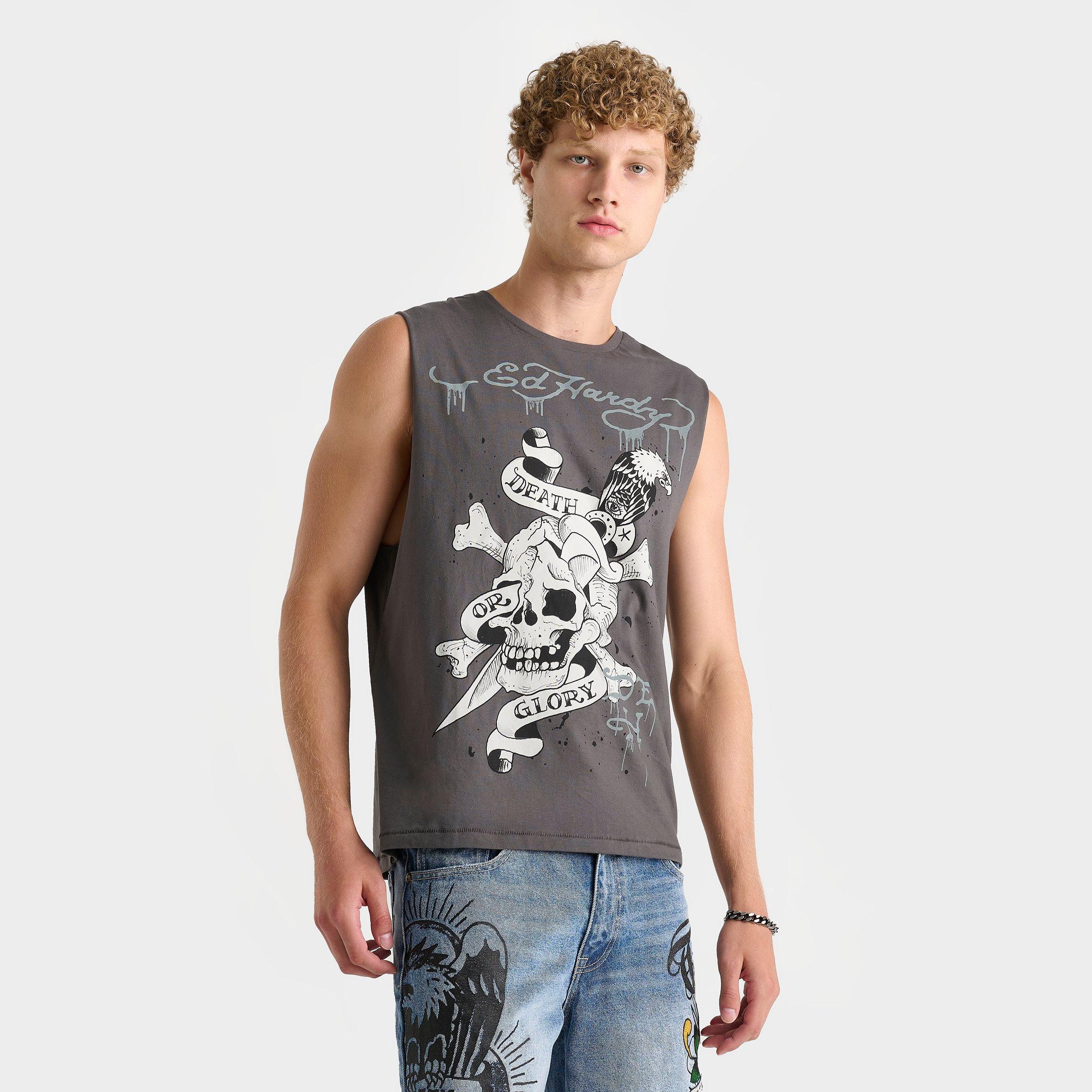 Ed Hardy Men's Death Or Glory Skull Graphic Cut-Off T-Shirt in Grey/Charcoal Size Large 100% Cotton