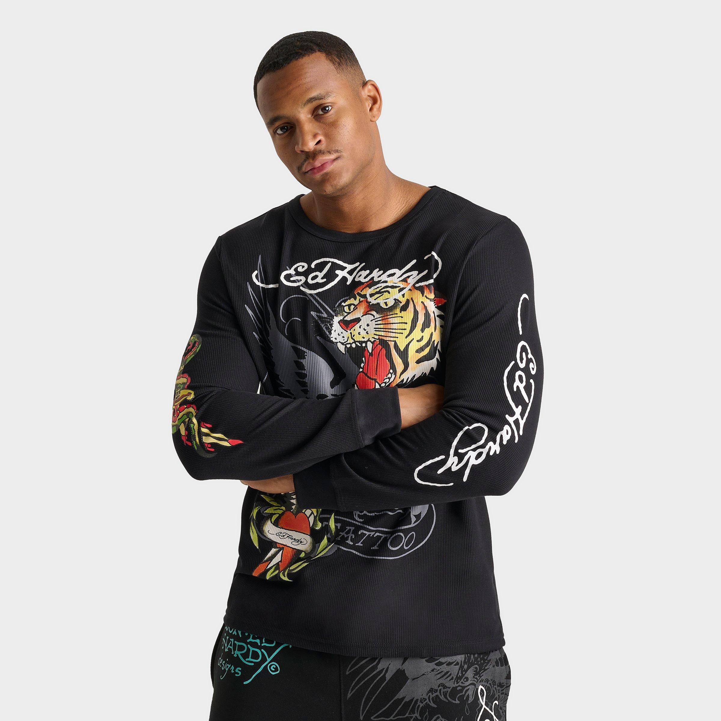 Ed Hardy Men's Eagle Tiger Thermal Long-Sleeve T-Shirt in Black/Black Size Small Cotton/Polyester/Spandex