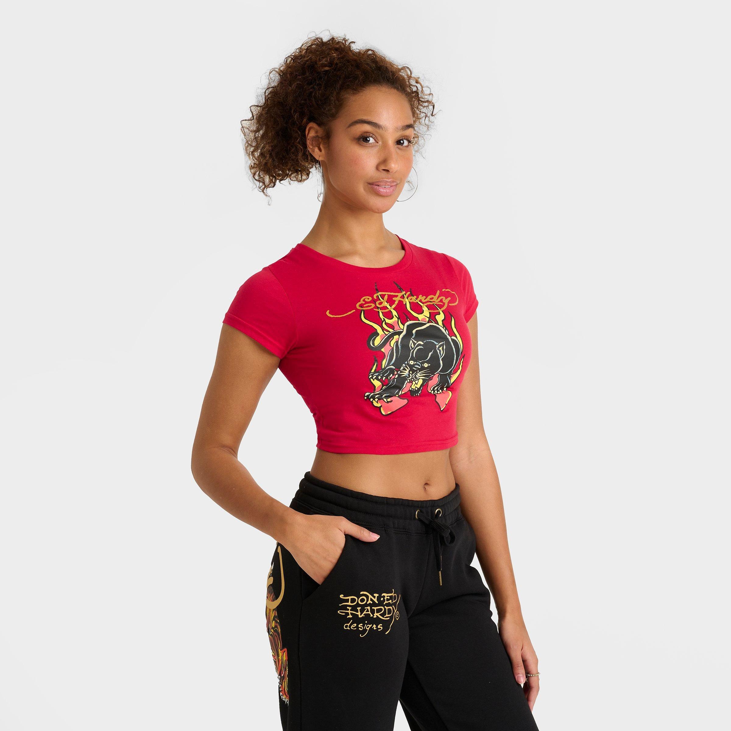Ed Hardy Women's Panther Flame Baby T-Shirt in Cherry Size: XS