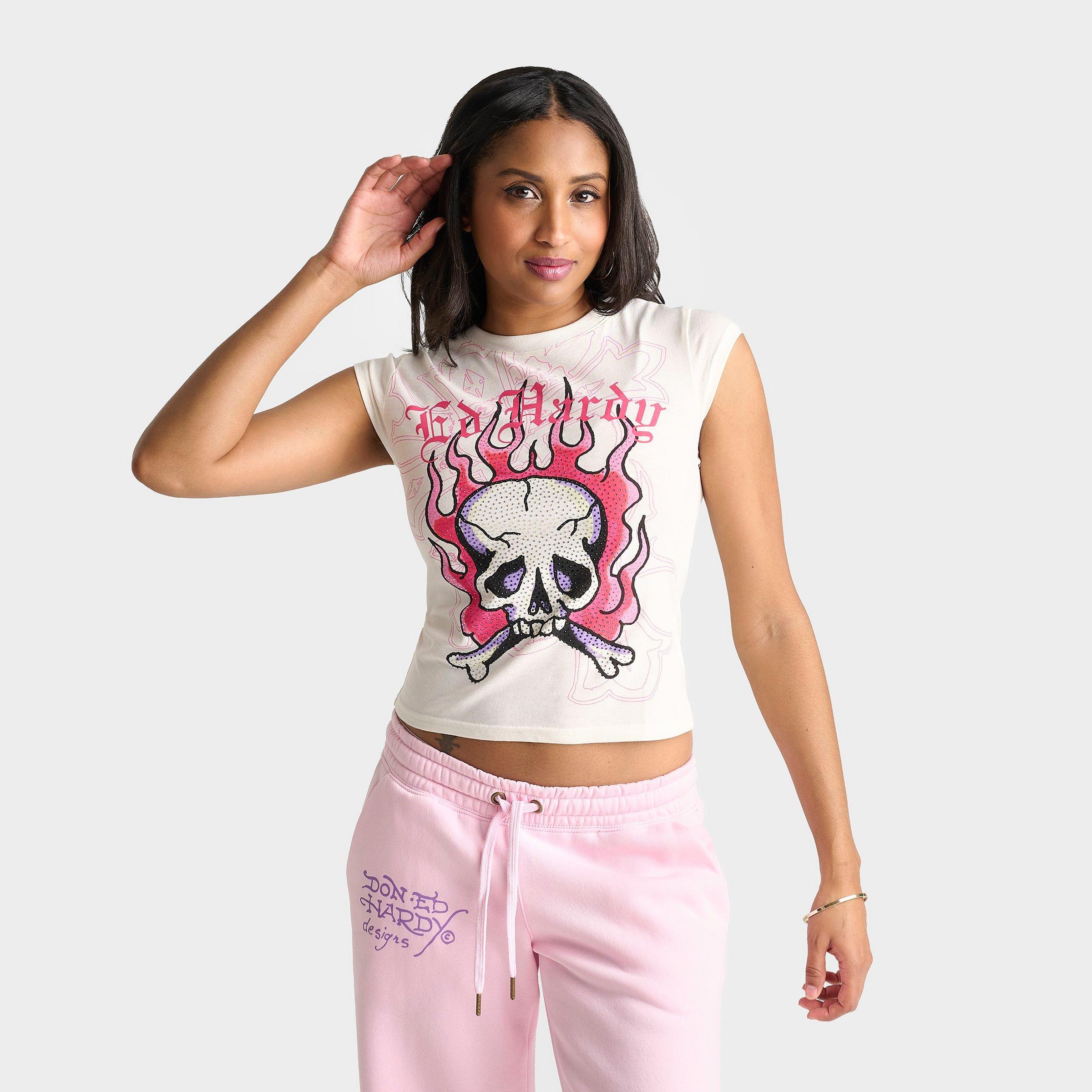 Ed Hardy Women's Rhinestone Panther Cap T-Shirt in Ivory Size: XS