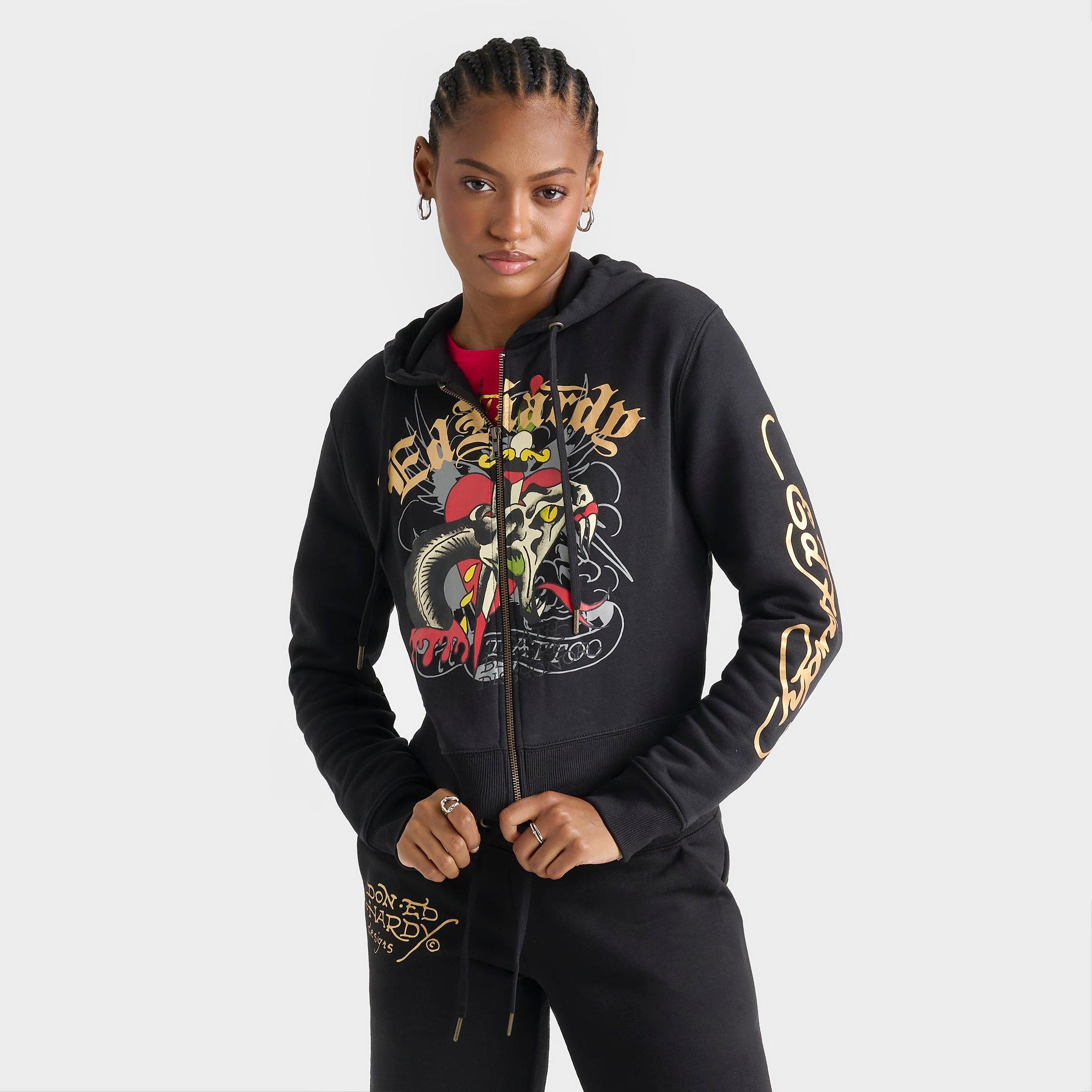 Ed Hardy Women's Heart Snake Fleece Full-Zip Hoodie in Black Size: Small