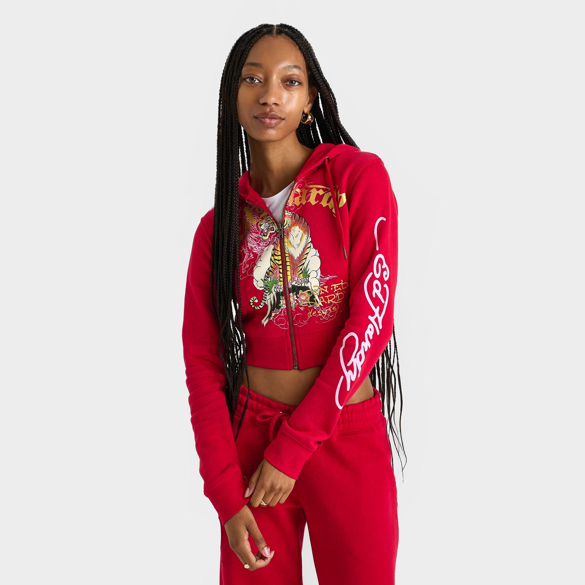 Ed Hardy Women's Mountain Tiger Fleece Full-Zip Hoodie in Cherry Size: Small