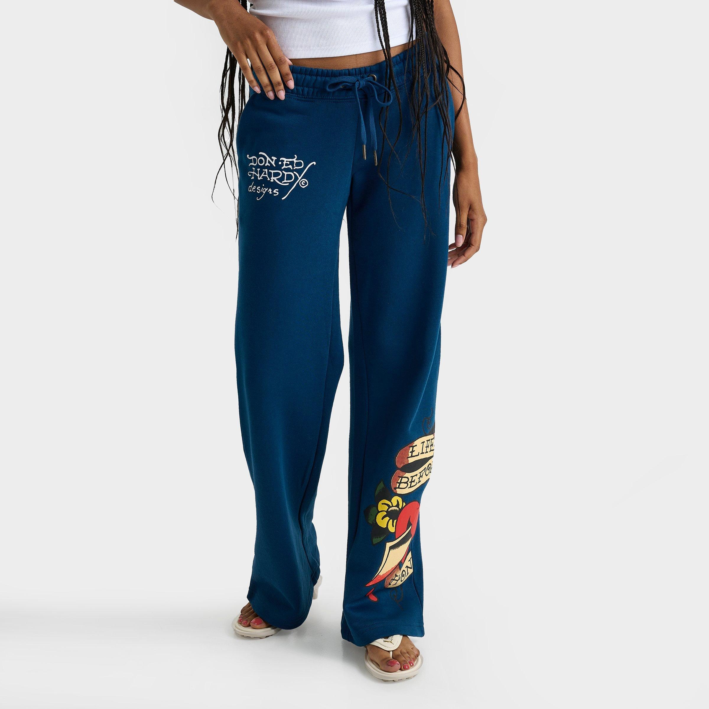 Ed Hardy Women's "Love Kills Slowly" Skull Fleece Jogger Pants in Sapphire Size: Small