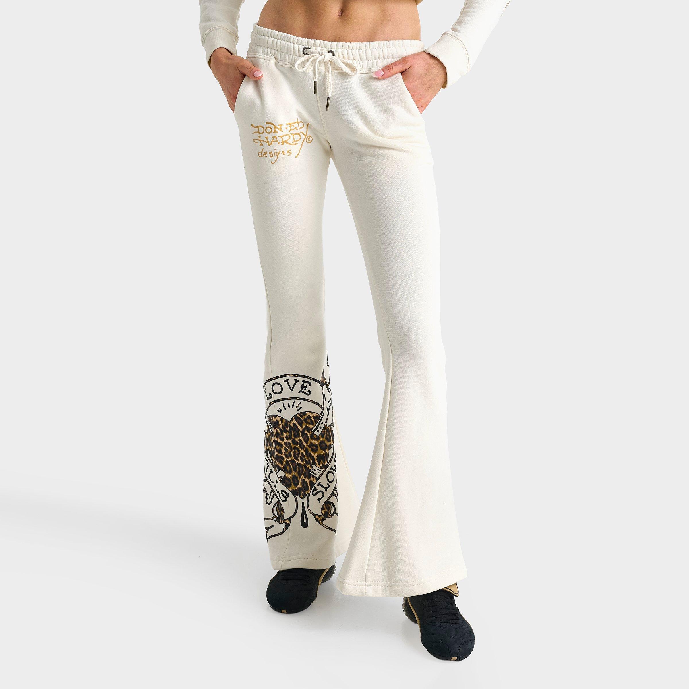 Ed Hardy Women's "Love Kills Slowly" Bootcut Fleece Jogger Pants in Ivory Size: Small