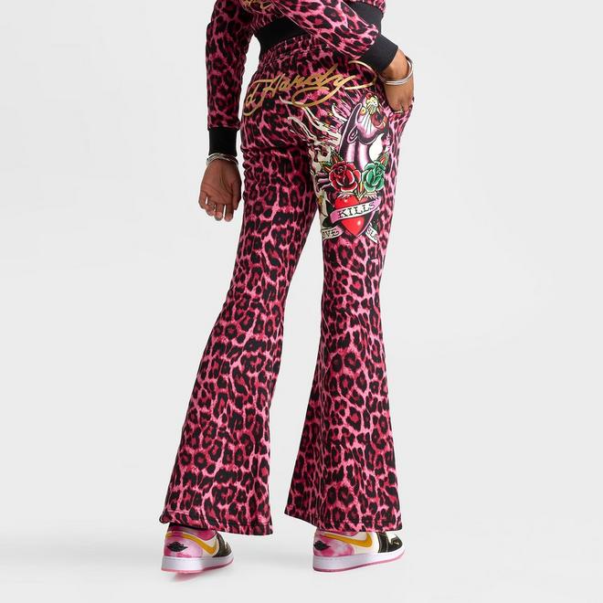 Women's Ed Hardy Pink Panther Leopard Bootcut Fleece Pants