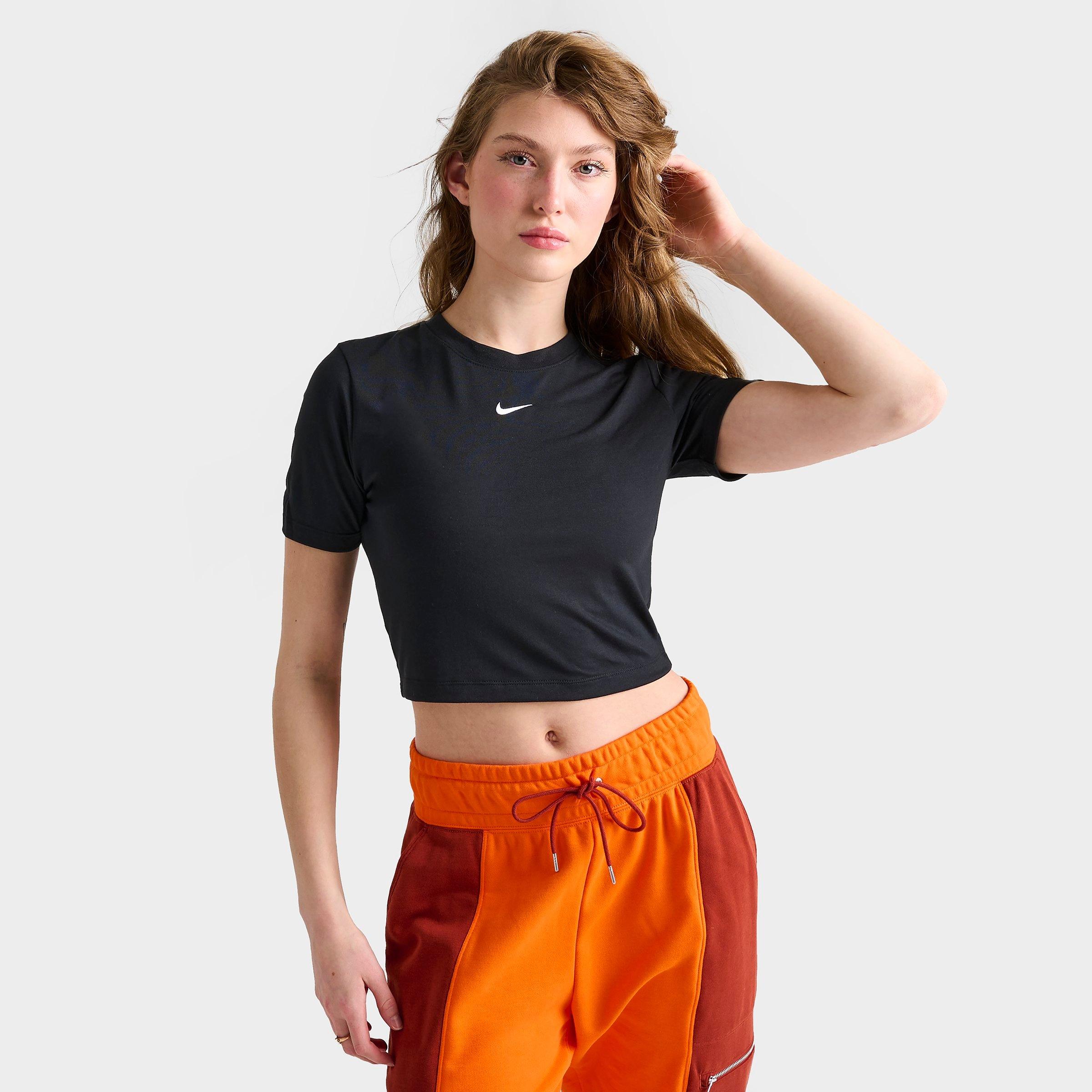 Nike Women's Sportswear Essential Slim-Fit Crop T-Shirt in Black/Black Size Medium Polyester/Spandex