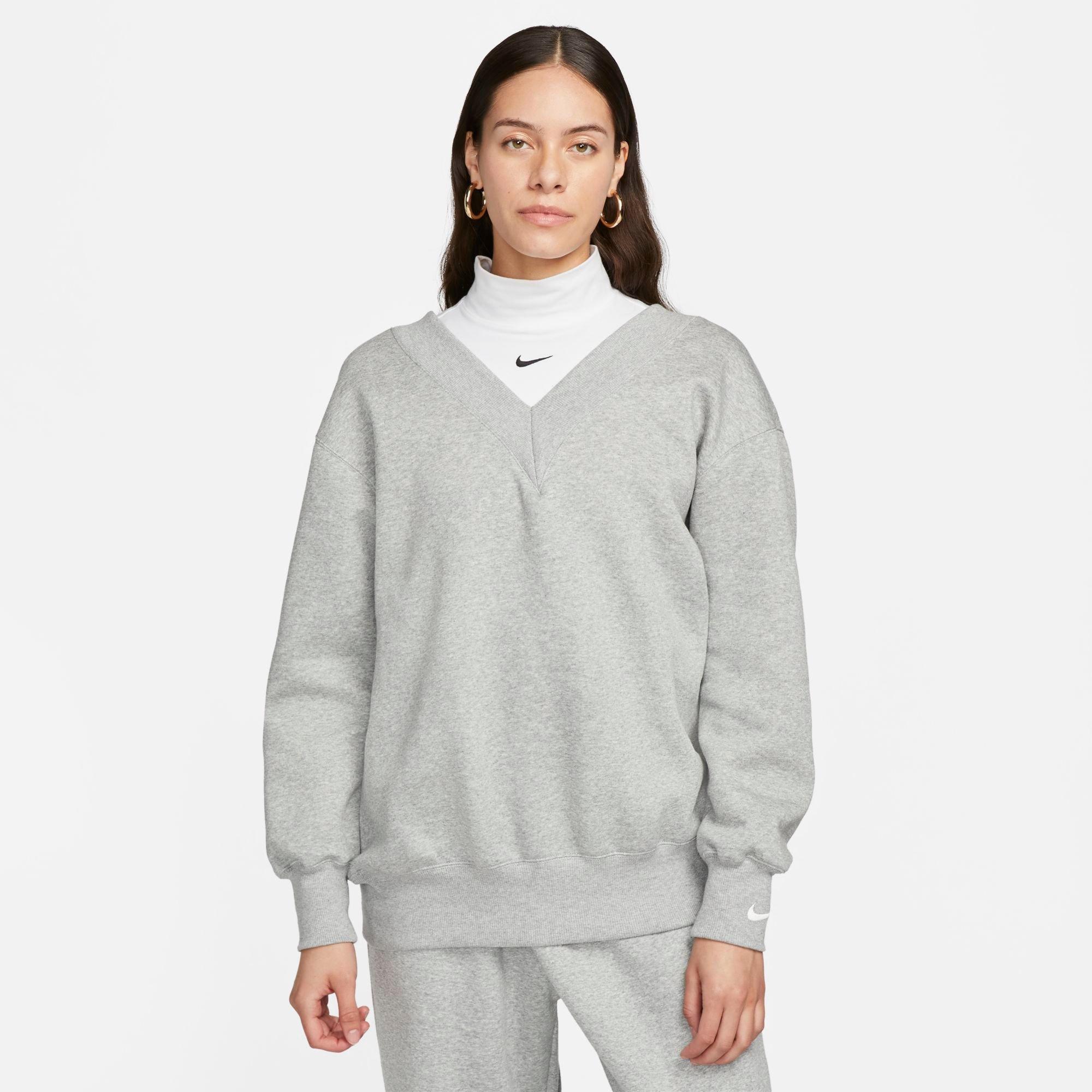 Nike Women's Sportswear Phoenix Fleece Oversized V-Neck Sweatshirt in Dark Grey Heather/Sail Size: XS