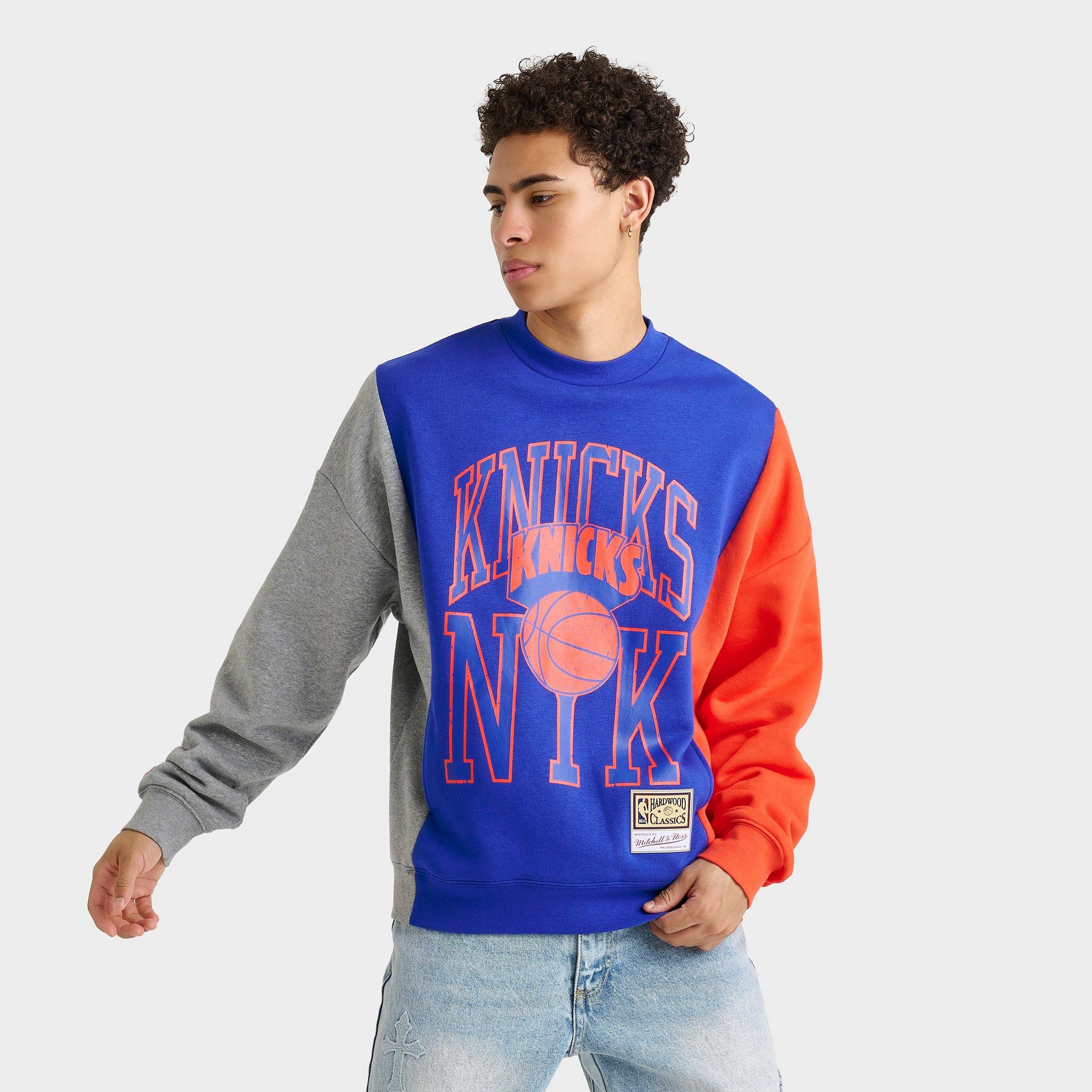 Mitchell And Ness Men's New York Knicks NBA Split Crewneck Sweatshirt in Blue/Grey Size Small 100% Cotton/Knit