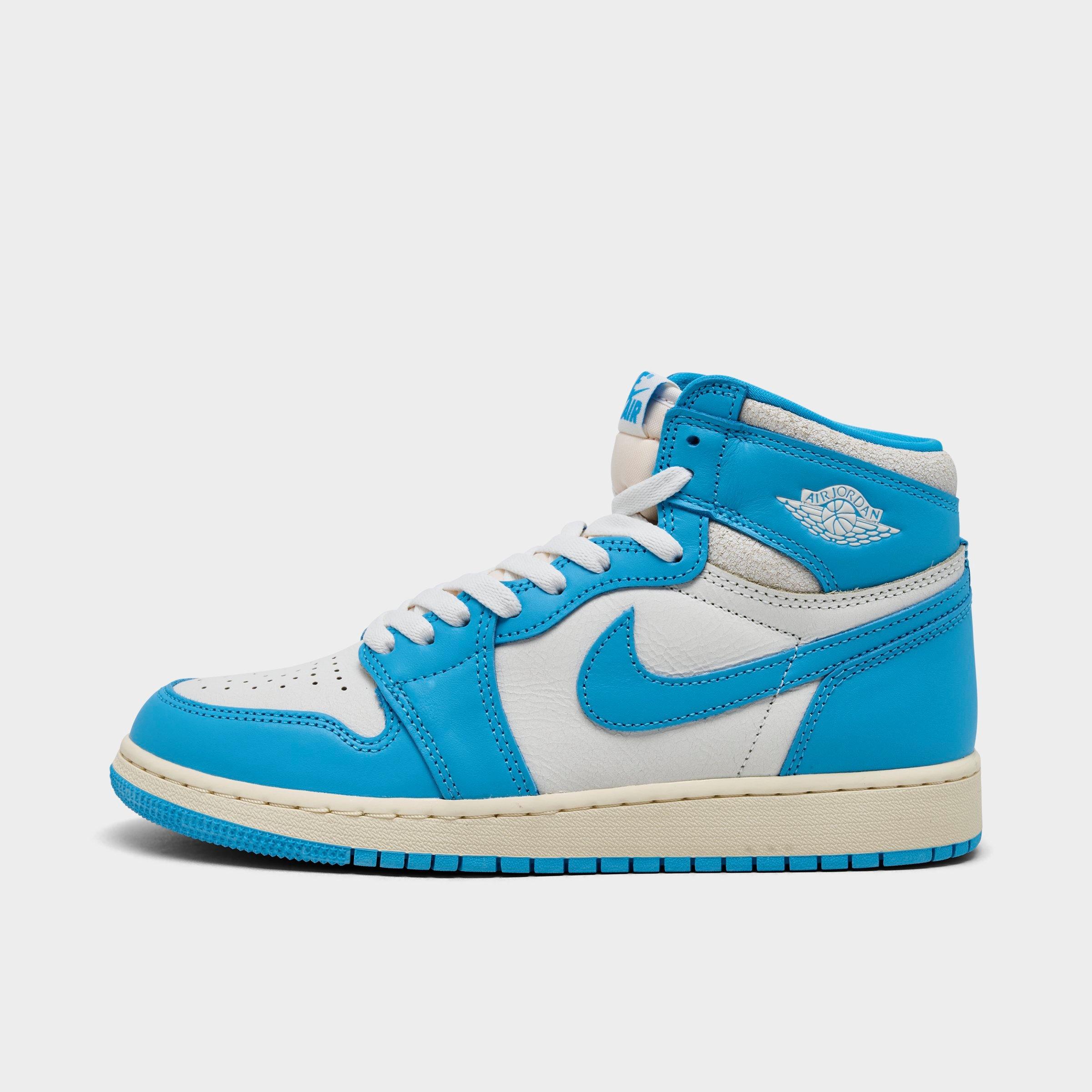 Jordan Big Kids' Air Retro 1 High OG Casual Shoes in Blue/Dark Powder Blue Size 4 Leather
