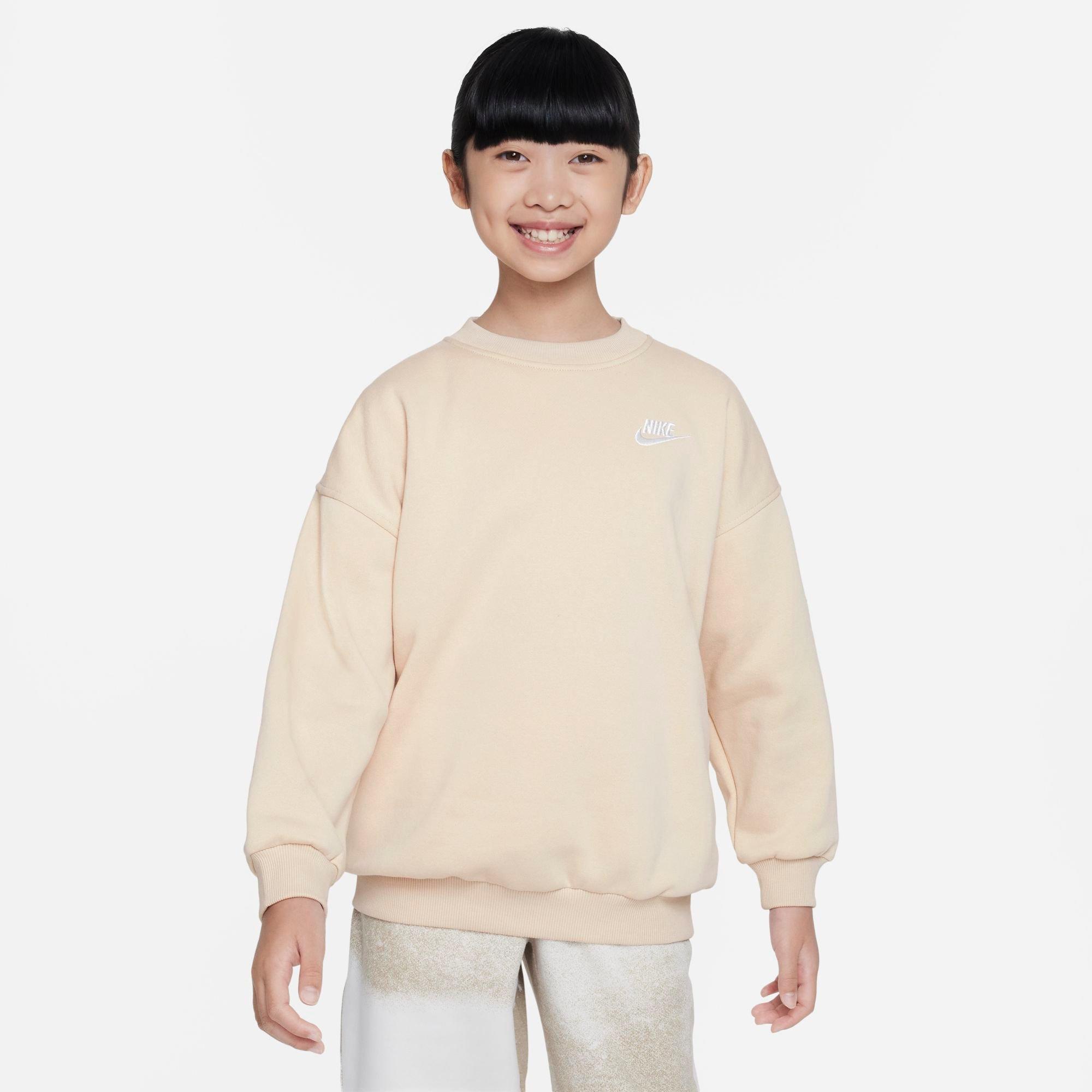 Nike Girls' Big Kids Sportswear Club Fleece Oversized Sweatshirt in Sanddrift/White Size: XS