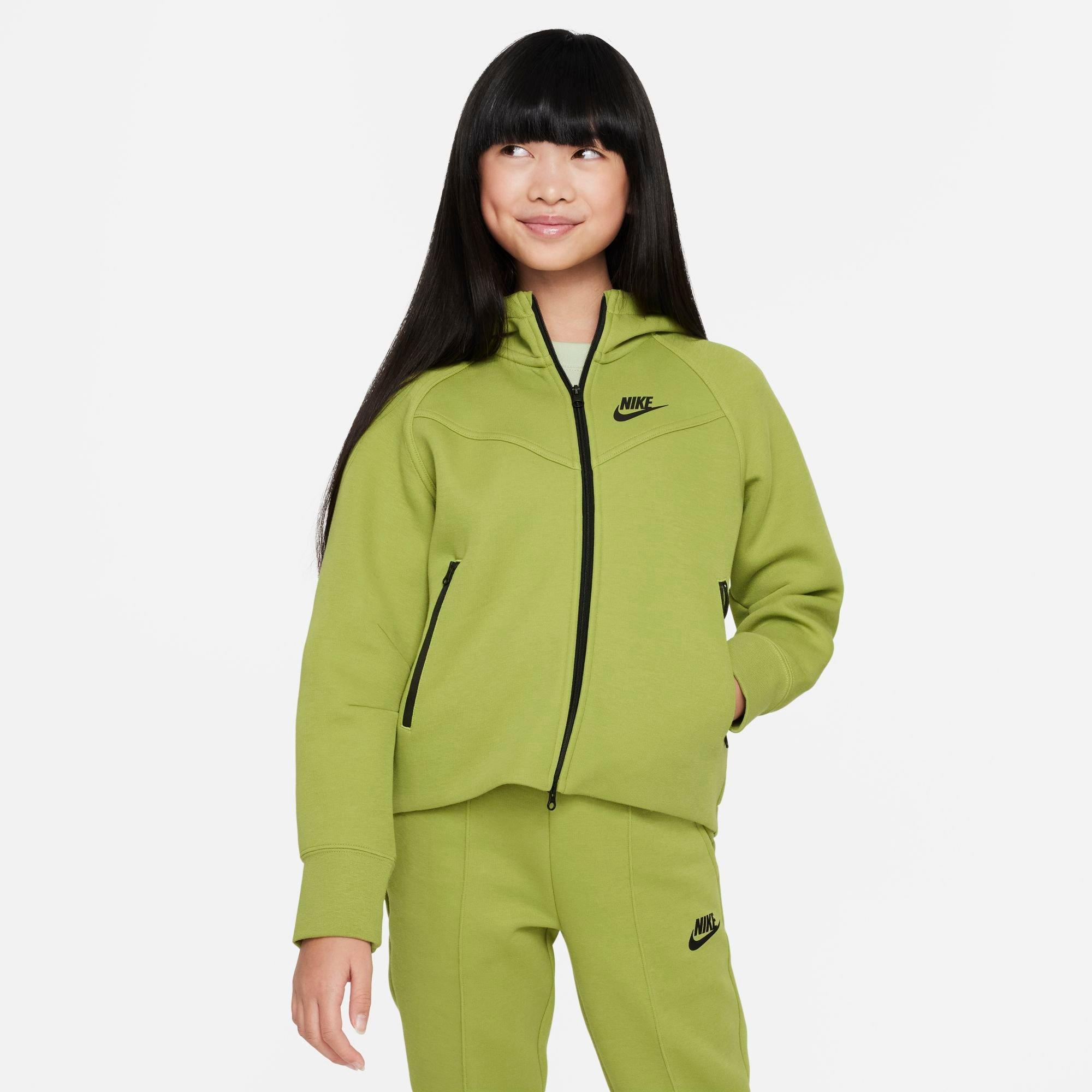 Shop Nike Girls' Sportswear Tech Fleece Full-zip Hoodie In Pear/black/black
