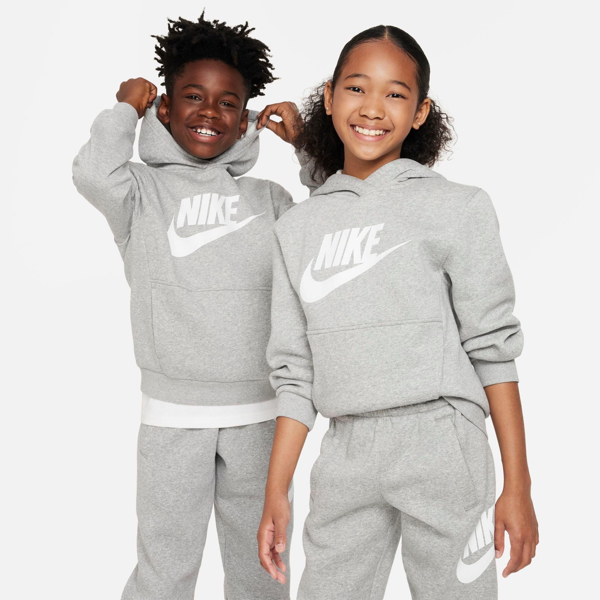 Nike Big Kids Sportswear Club Fleece Pullover Hoodie in Dk Grey Heather/Whit Size: XS