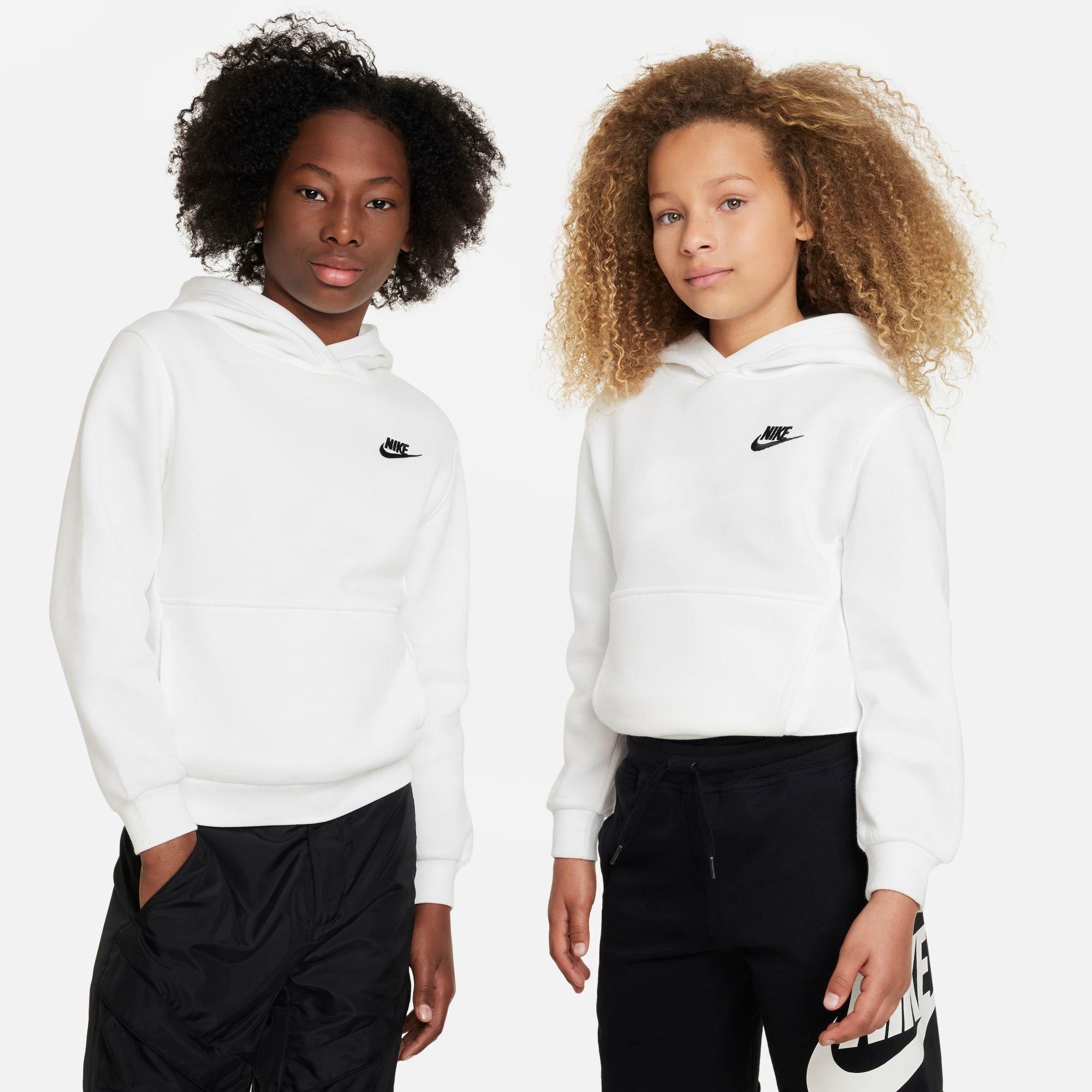 Nike Big Kids Sportswear Club Fleece Pullover Hoodie in White/Black Size: XS