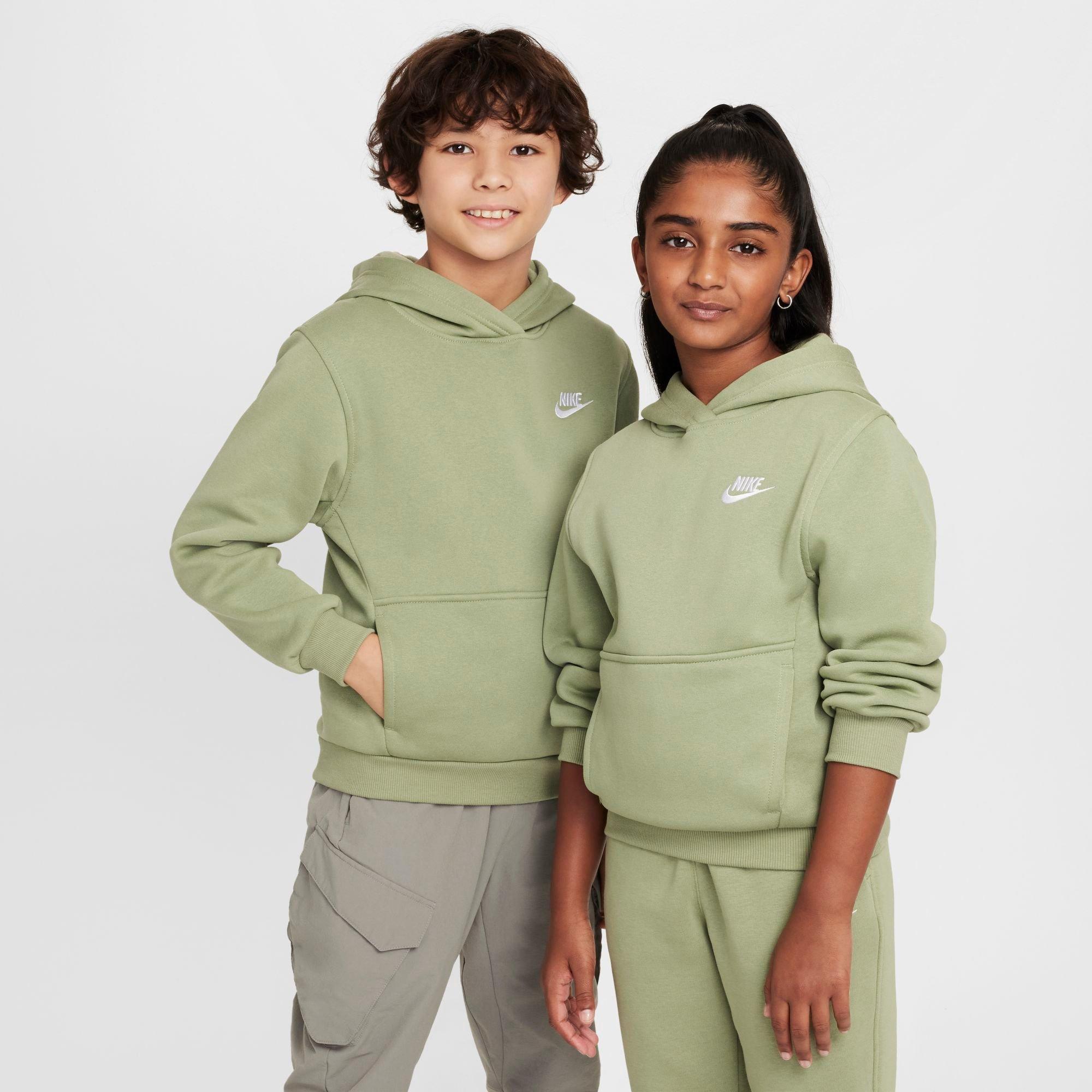 Nike Big Kids Sportswear Club Fleece Pullover Hoodie in Oil Green/White Size: XS