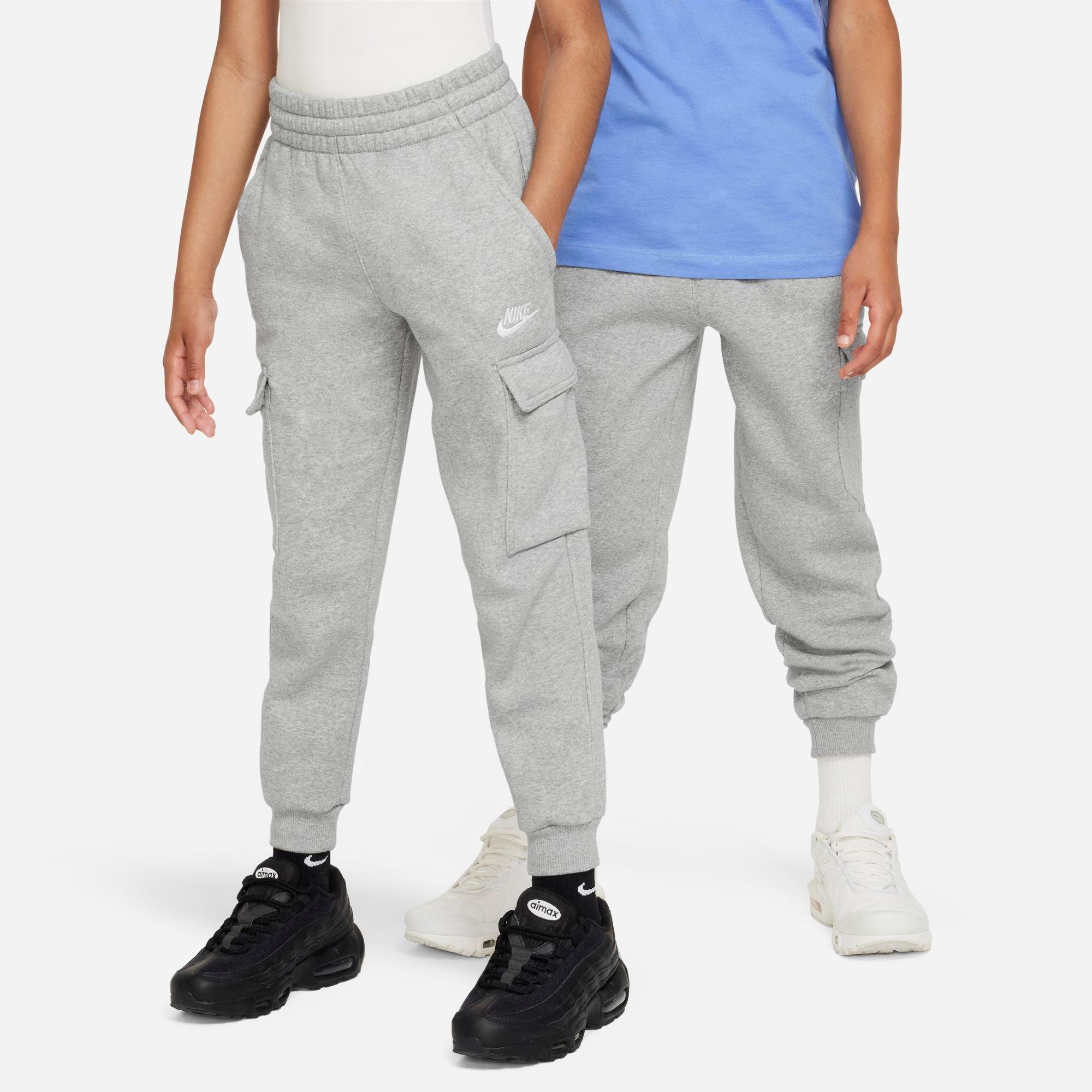 Nike Big Kids Sportswear Club Fleece Cargo Jogger Pants in Dark Grey Heather/Base Grey/White Size: XS