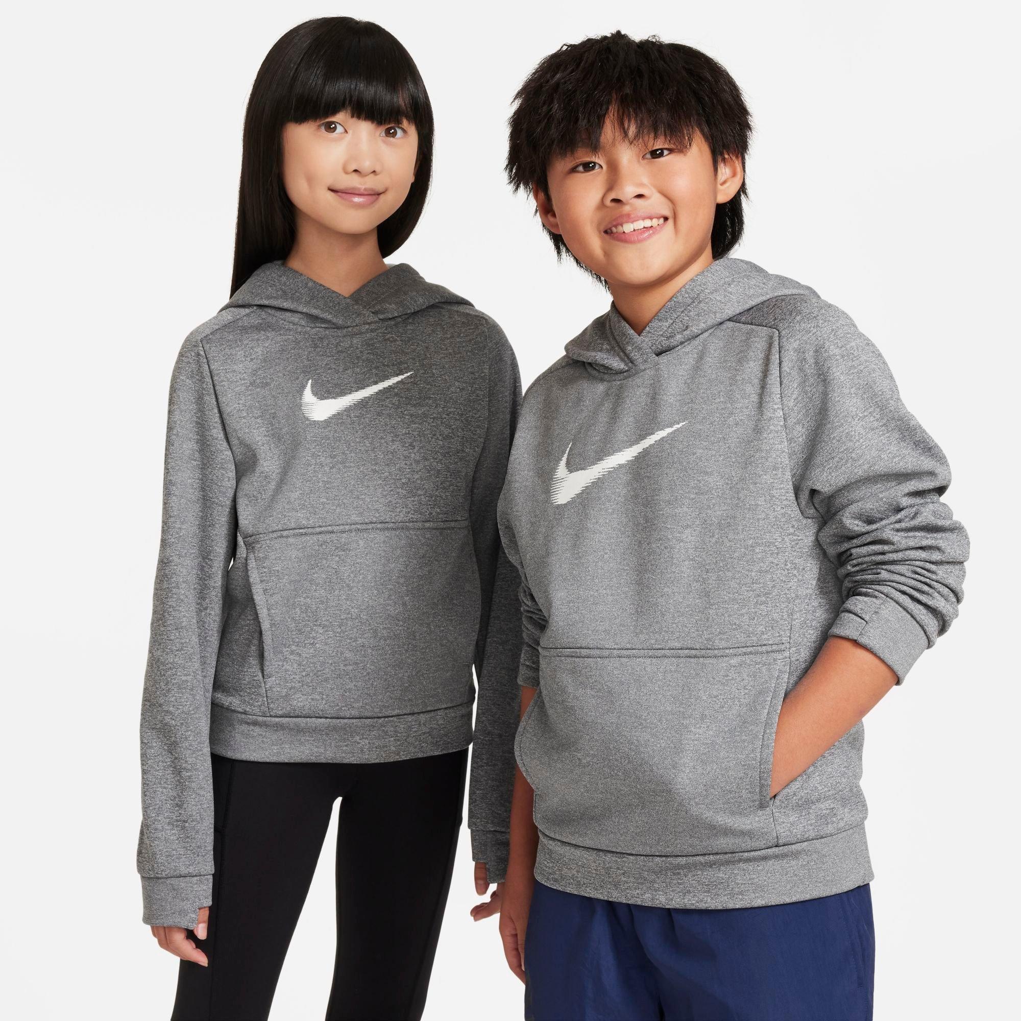 Nike Big Kids Multi+ Therma-FIT Pullover Hoodie in Dark Grey Heather/Heather/White Size: XS
