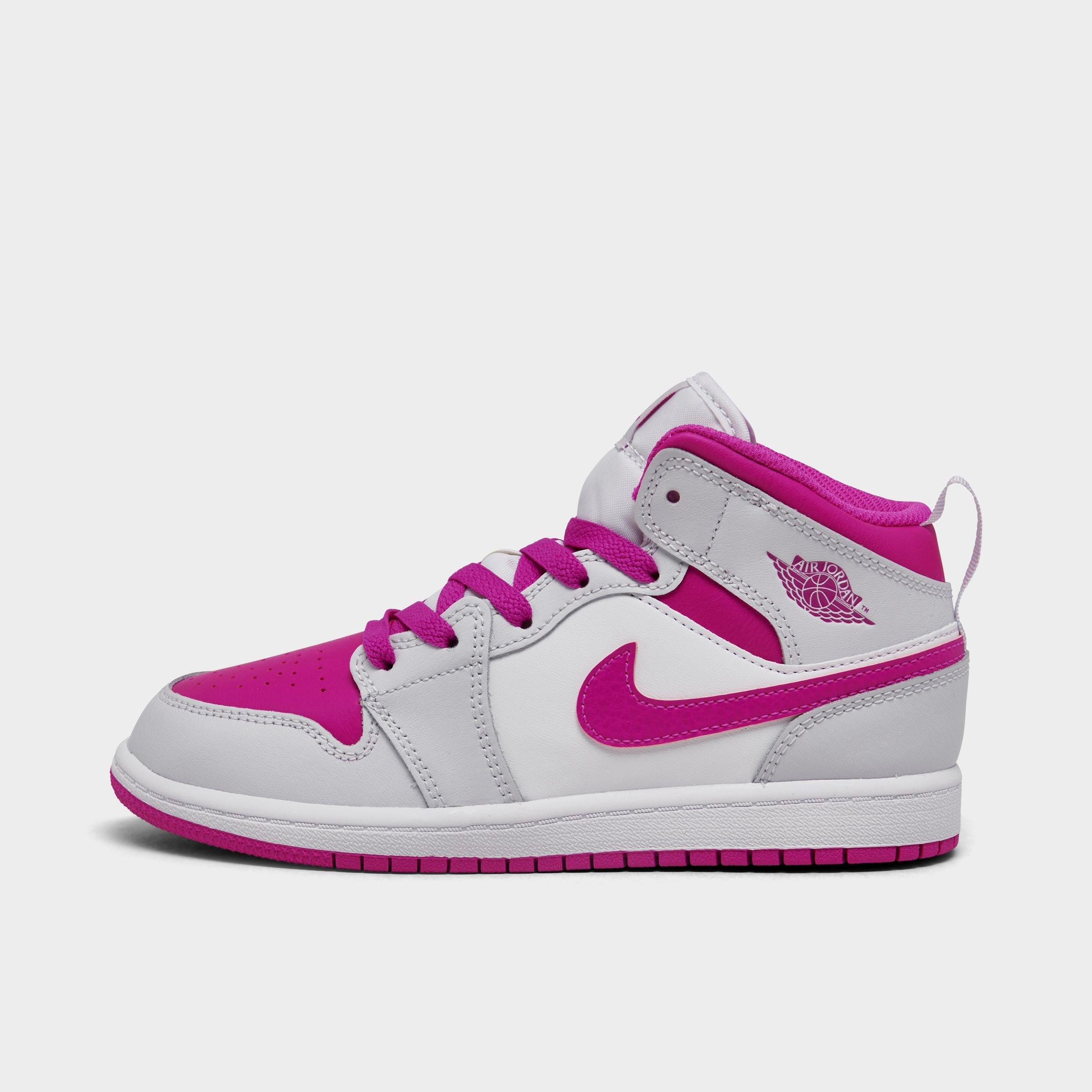 Jordan Girls' Little Kids Air Retro 1 Mid Casual Shoes in Iris Whisper/Fire Pink/White Size: 1.0