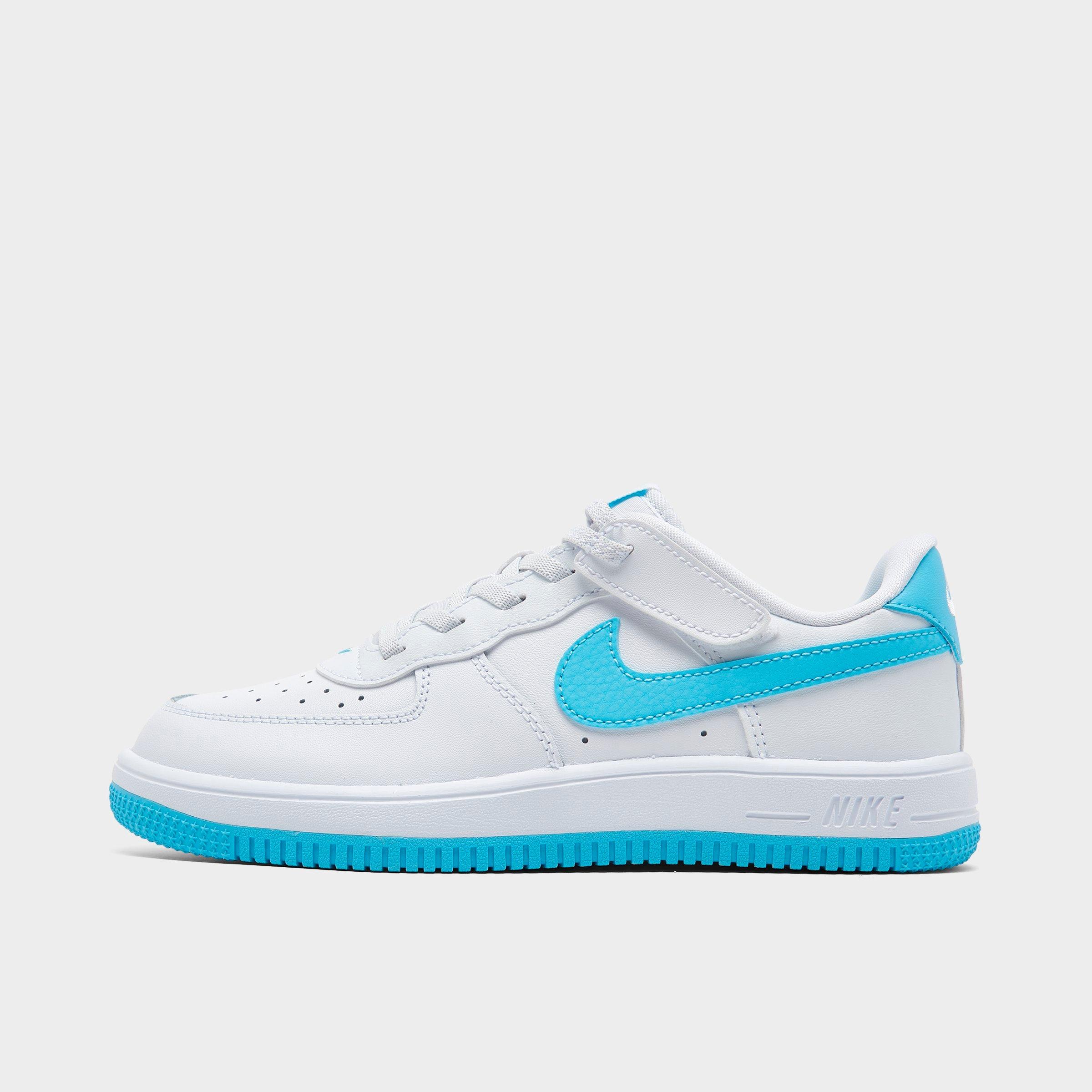 Nike Little Kids Force 1 Low EasyOn Stretch Lace Casual Shoes (8C-3Y) in White/Aquarius Blue/White Size: 10.5