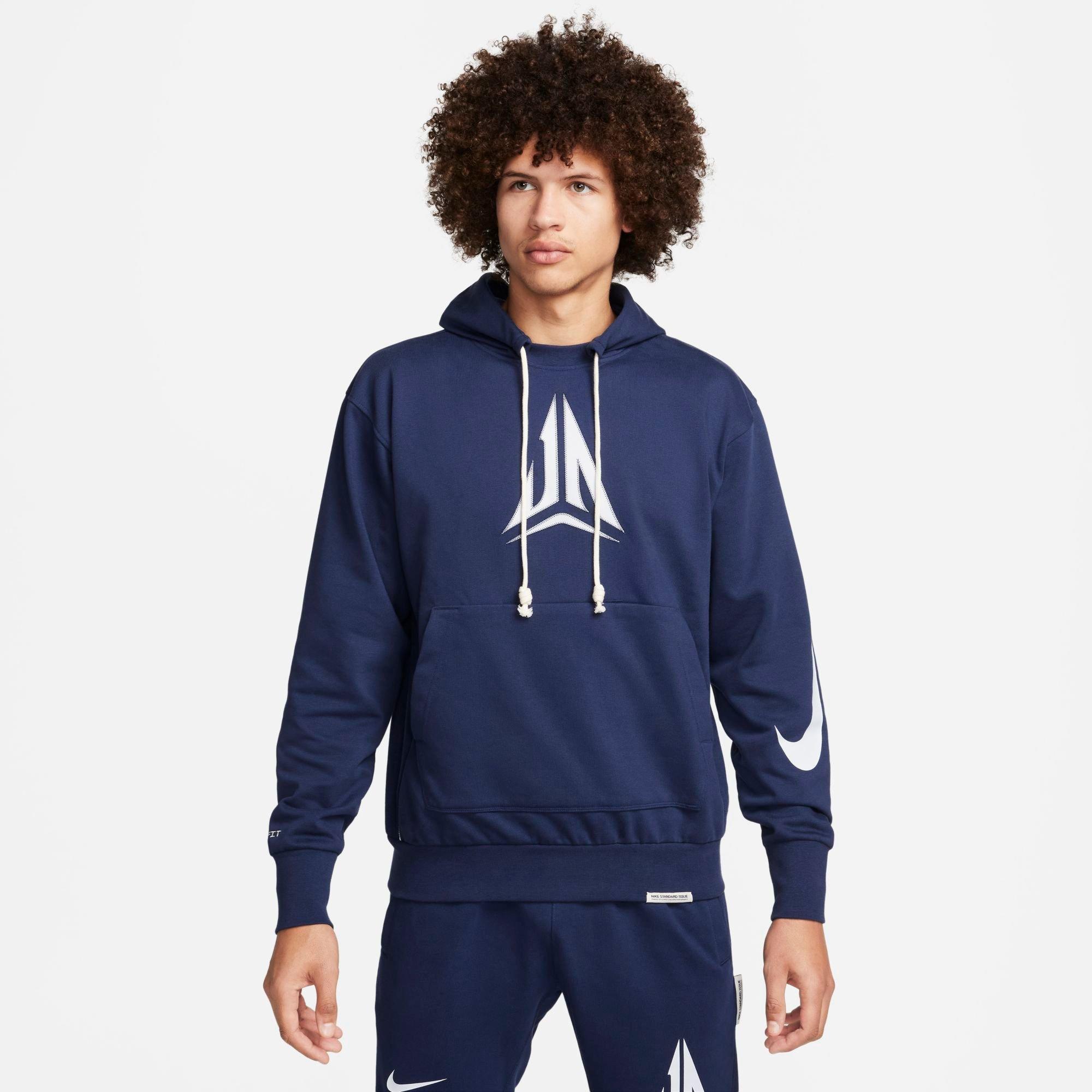Shop Nike Men's Standard Issue Ja Logo Dri-fit Pullover Basketball Hoodie In Midnight Navy/football Grey