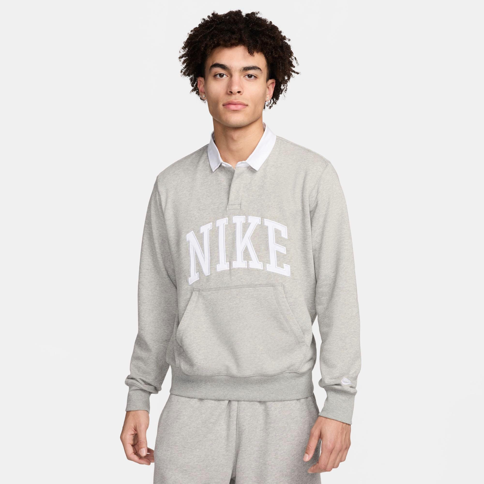 Shop Nike Men's Club Fleece Long-sleeve Fleece Polo Shirt In Dark Grey Heather/white