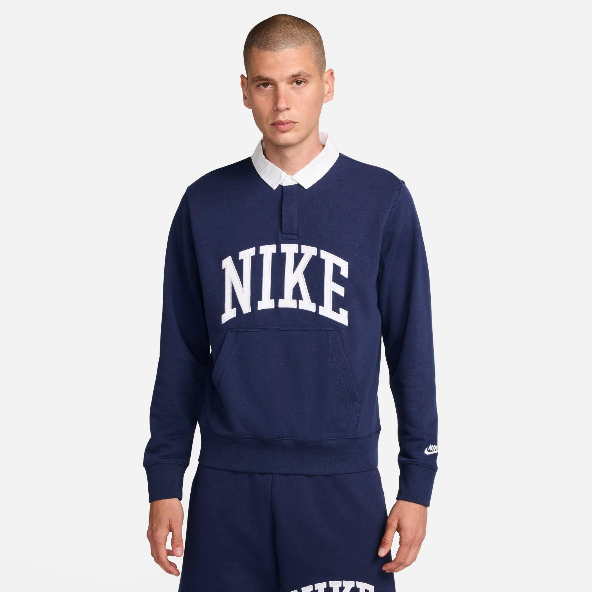 Nike Men's Club Long-Sleeve Fleece Polo Shirt in Midnight Navy/White Size: XS