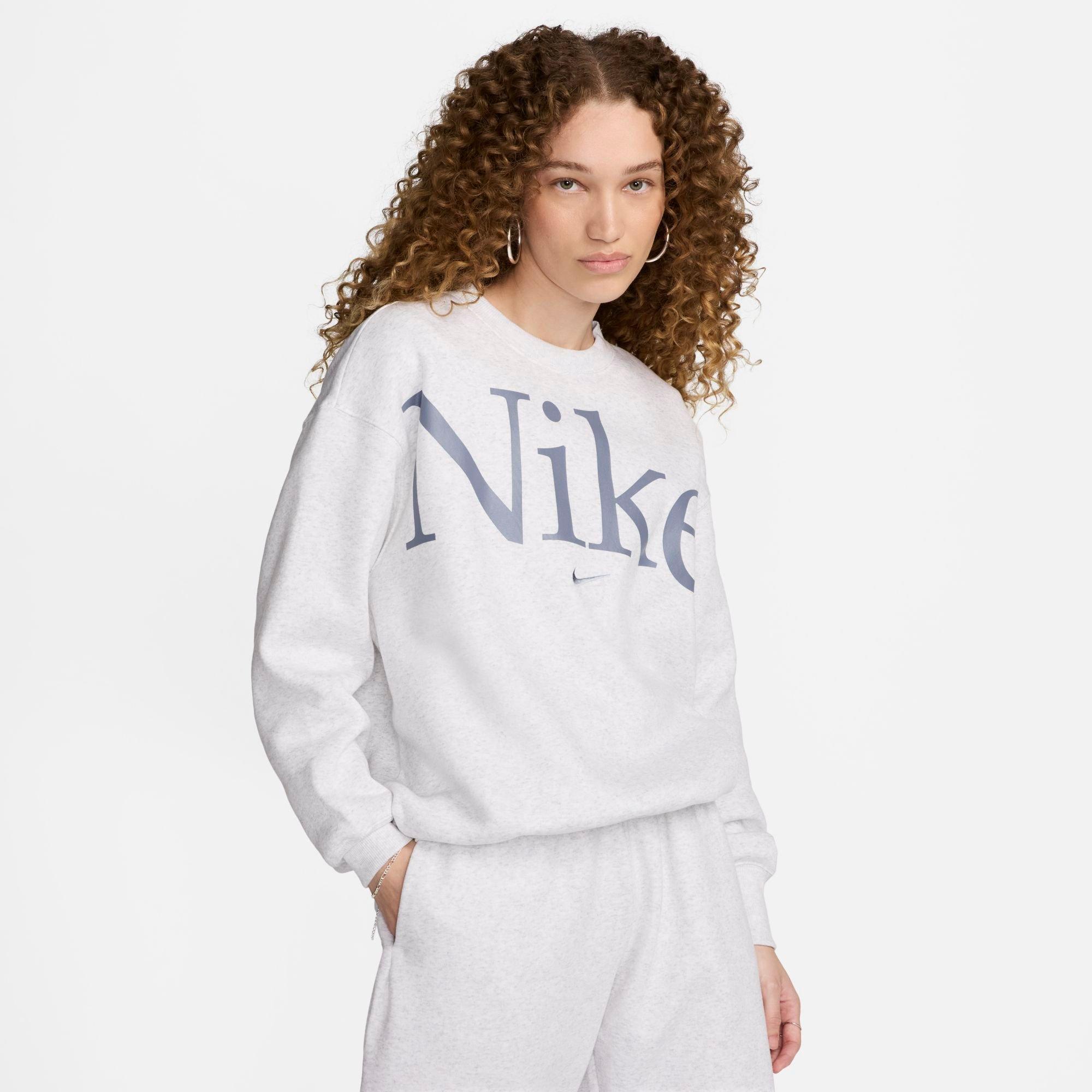 Nike Women's Sportswear Phoenix Fleece Oversized Logo Crewneck Sweatshirt in Birch Heather/Ashen Slate/Light Armory Blue Size: XS
