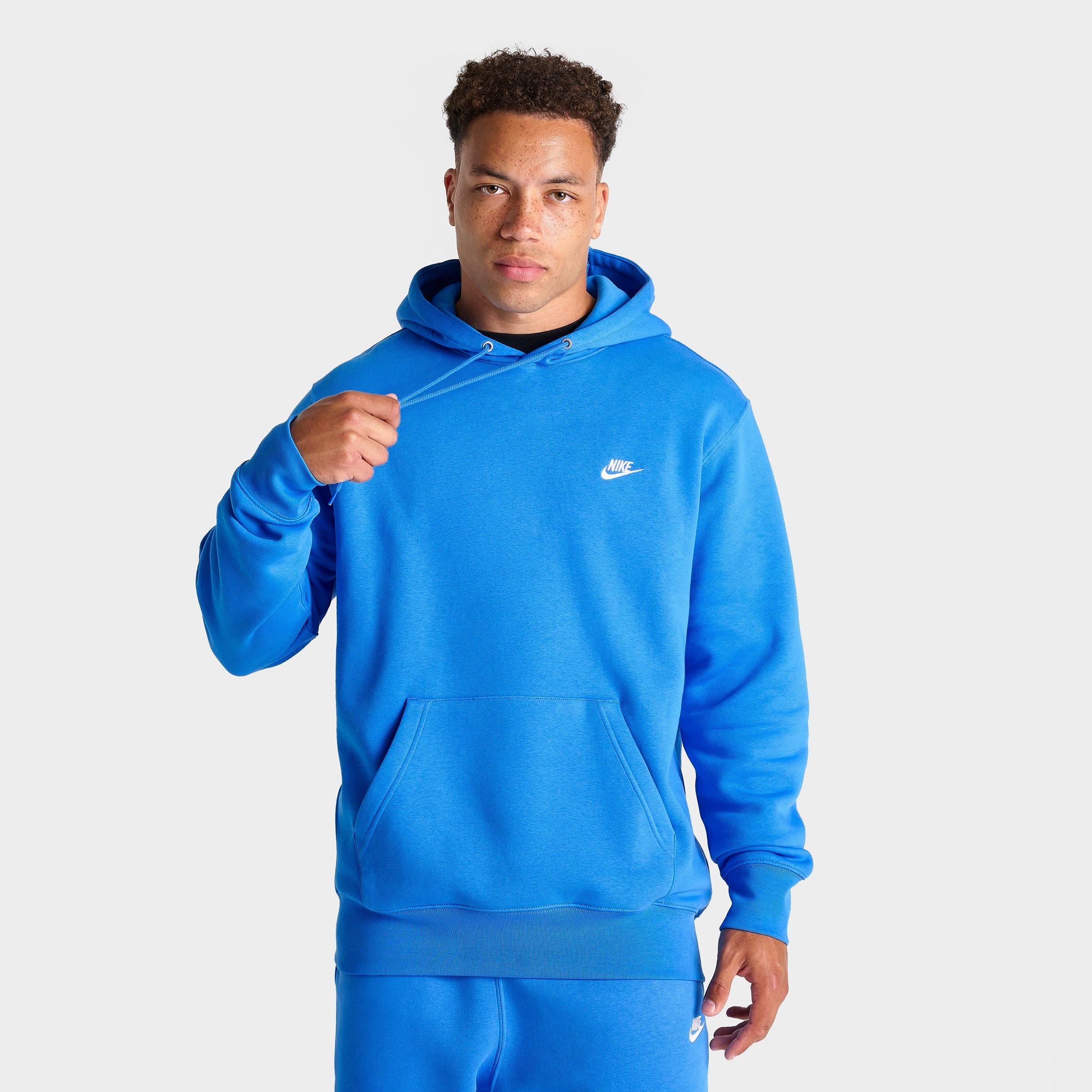 Nike Men's Club Fleece Premium Embroidered Pullover Hoodie in Light Photo Blue/Light Photo Blue/White Size: XS