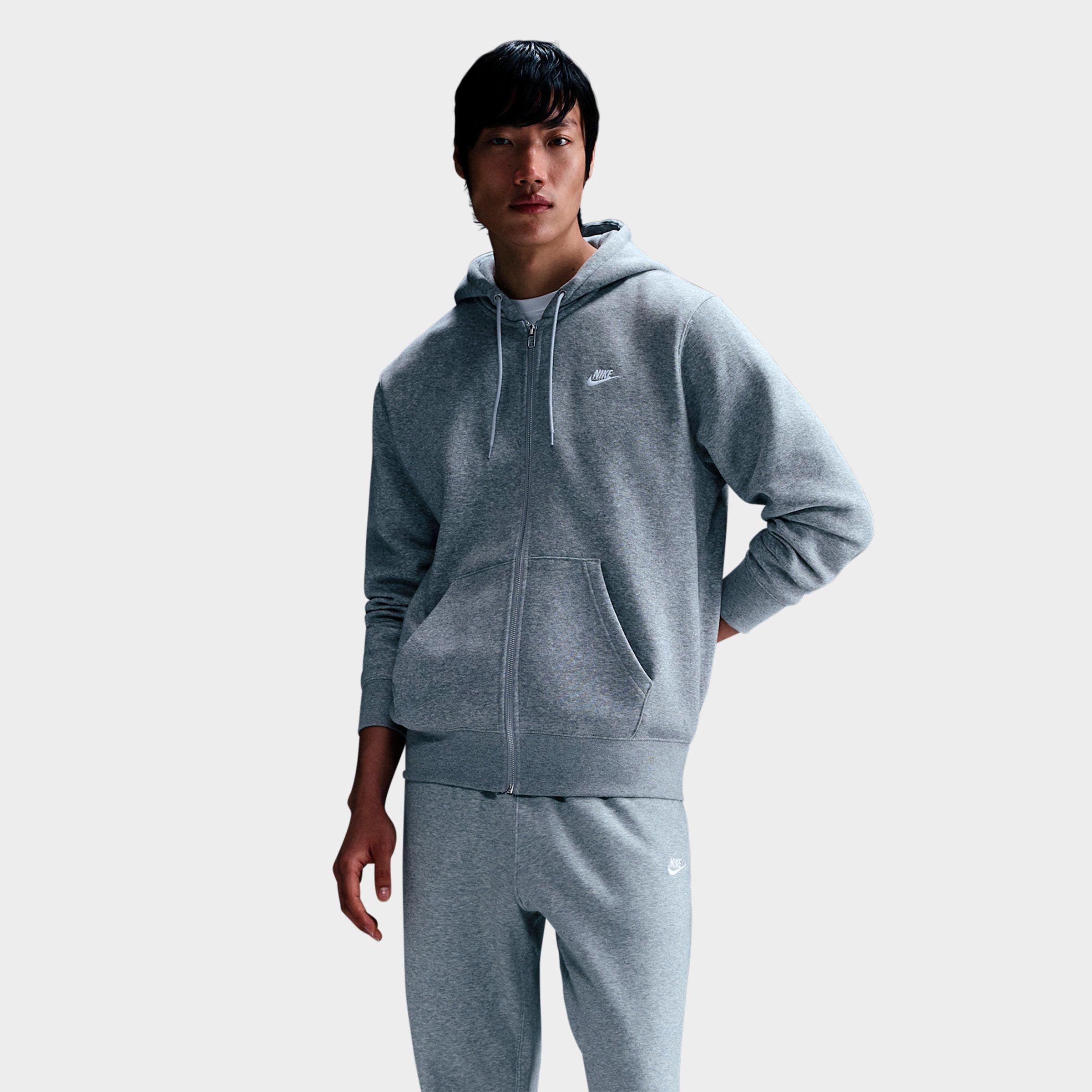 Nike Men's Club Fleece Embroidered Premium Full-Zip Hoodie in Dark Grey Heather/Light Smoke Grey/White Size: XL