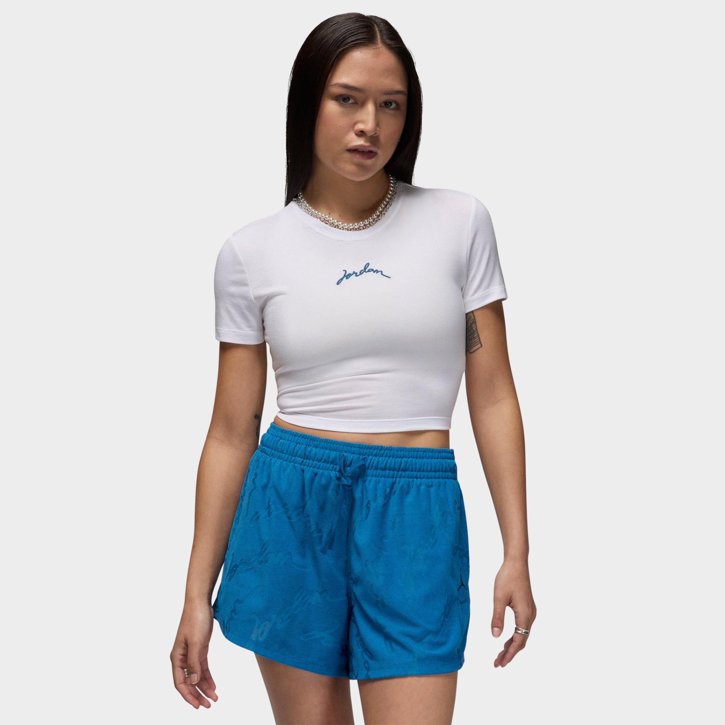 Shop Nike Jordan Women's Slim Cropped Graphic T-shirt In White/industrial Blue