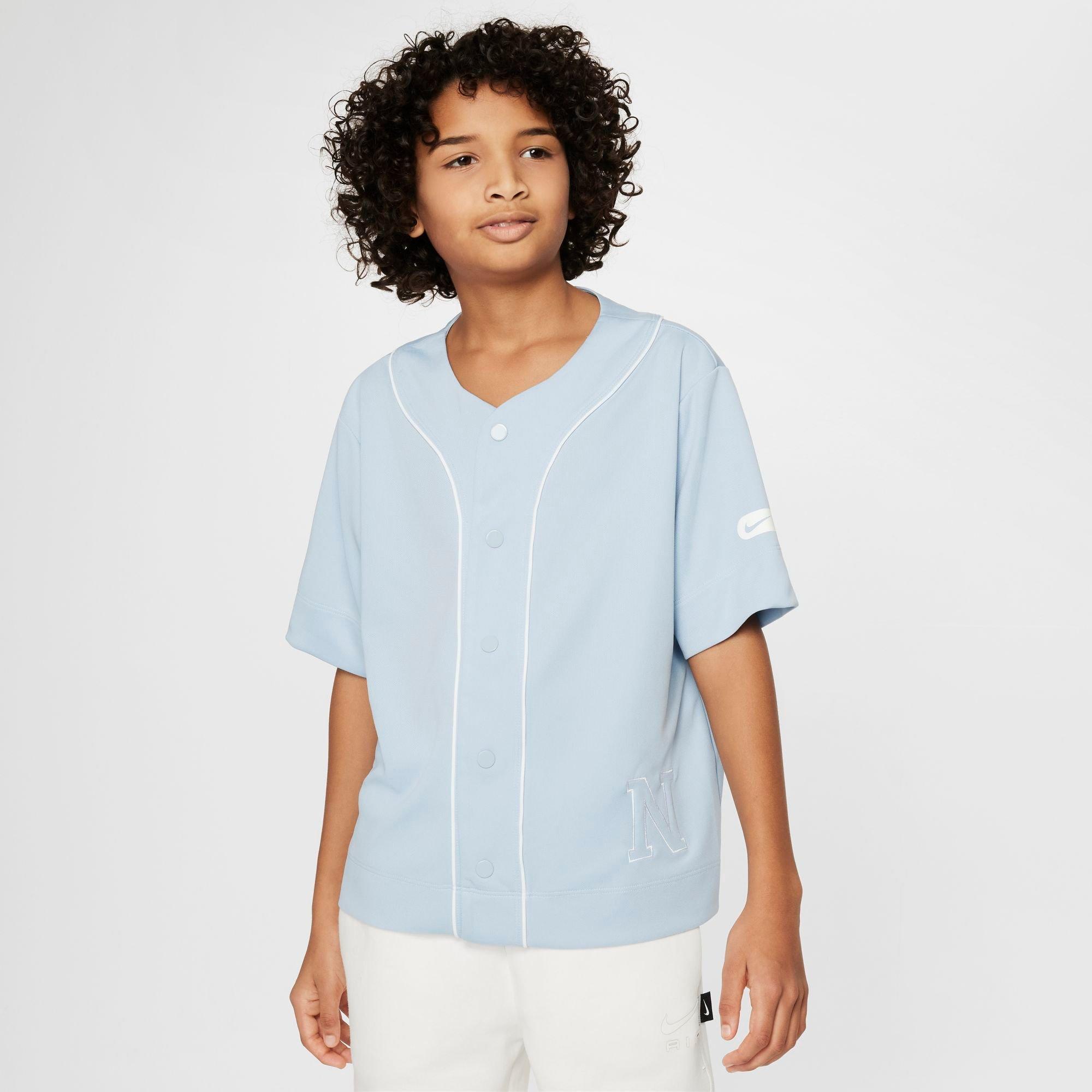 Shop Nike Boys' Athletics Dri-fit Baseball Jersey In Light Armory Blue/white