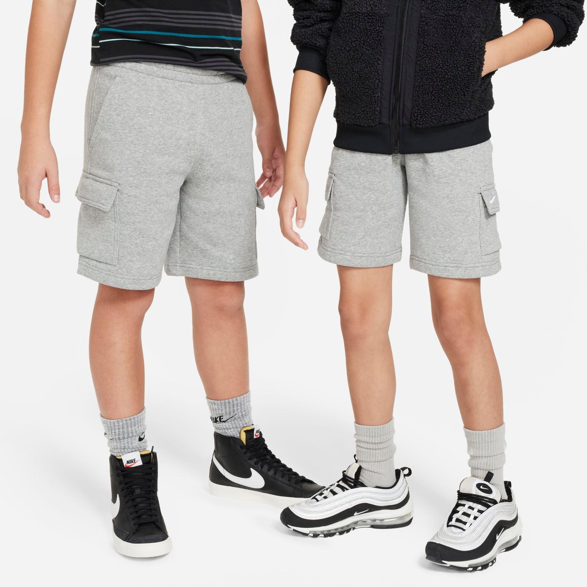 Nike Big Kids Sportswear Club Fleece Cargo Shorts in Dark Grey Heather/Base Grey/White Size: XS