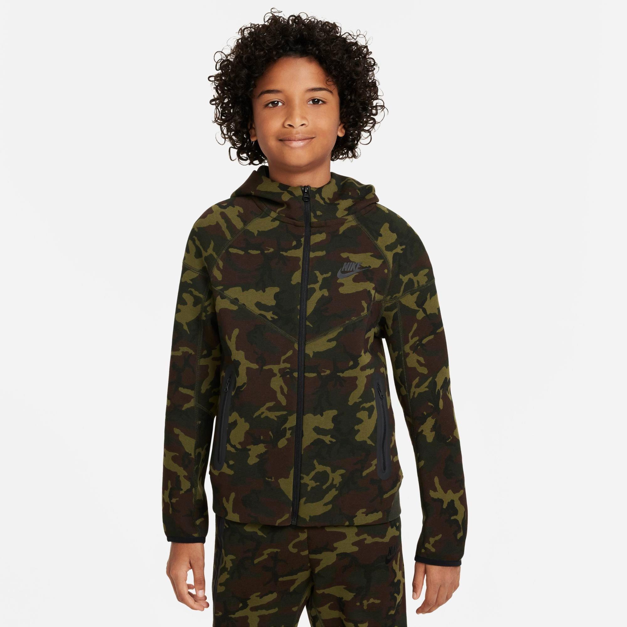 Shop Nike Boys' Tech Fleece Camo Full-zip Hoodie Size Xl Cotton/polyester/fleece In Black/sequoia/black